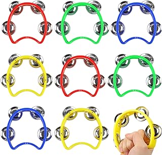 8 Pack Plastic Percussion Tambourine Hand Tambourine Bells, Mini Percussion Tambourines Bulk Hand Held Percussion Drum Musical Rhythm Instrument for Adults Party Supplies(4 Colors)