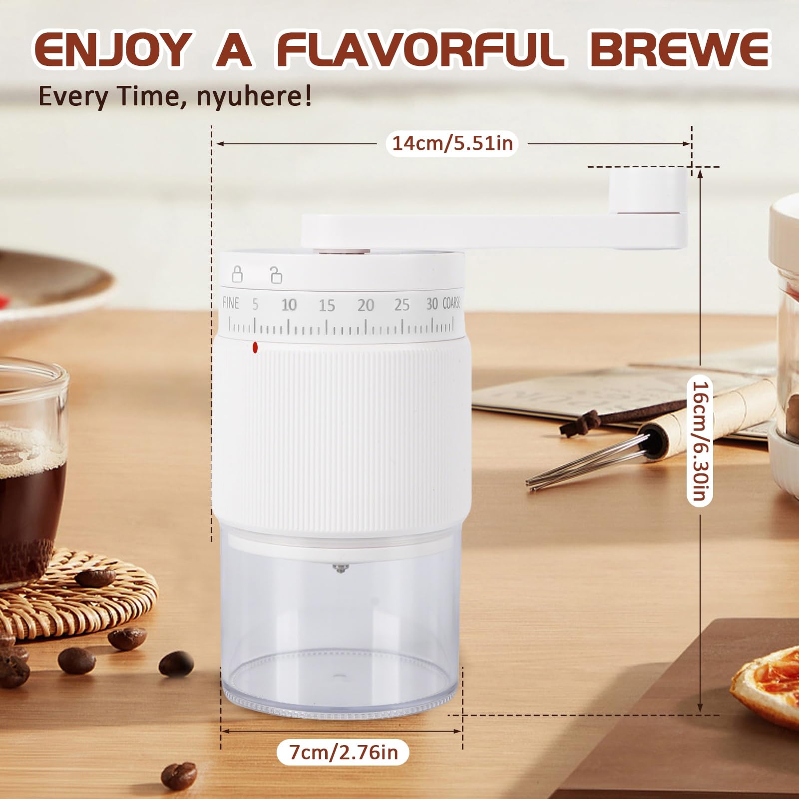 Manual Coffee Grinder - 95 Ceramic Burr, Adjustable Coarse to Fine, 30g Beans & 80ml Powder, Detachable Handle for Espresso, French Press, Camping - 3