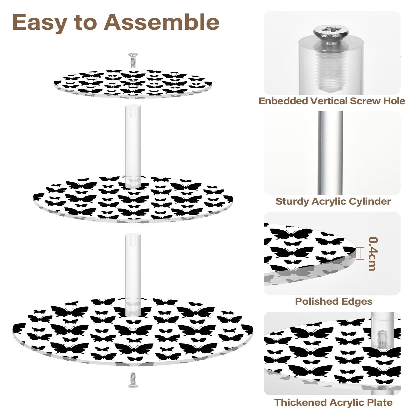 Nander 3 Tier Cupcake Stand,Black Butterfly Large Cupcake Tower Display, Round Cupcake Holder, Acrylic Dessert Stand, Pastry Display Tree for Party, Wedding, Baby Shower