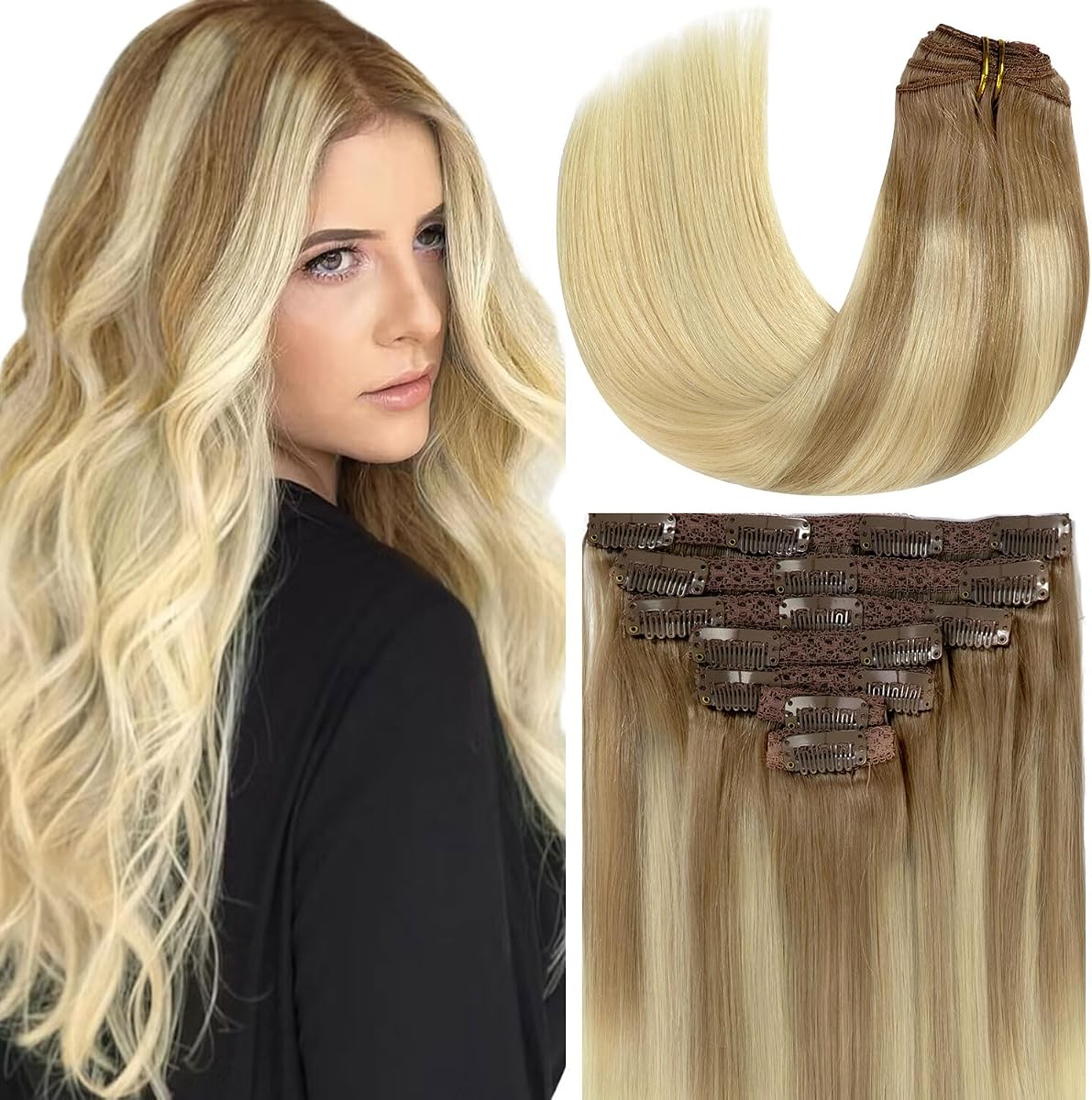 Clip in Hair Extensions Remy Human Hair Lace Double Weft Natural Silky Straight Hair Extensions Ombre B#8/60 Light Brown Fading to Platinum Blonde 7pcs with 16 Clips 120g 18 Inch
