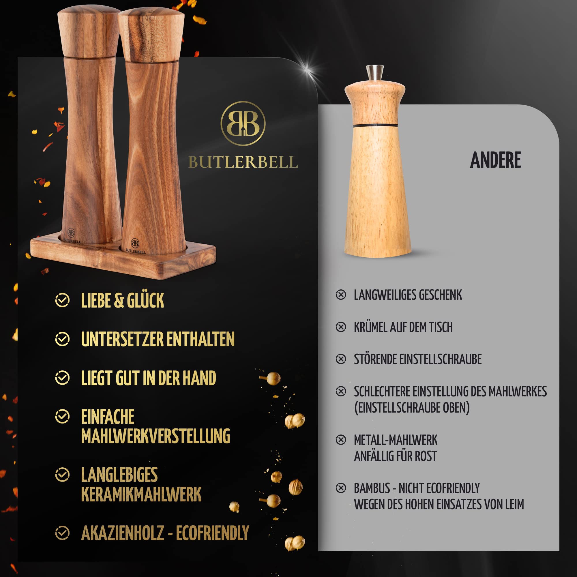 BUTLERBELL® Salz und Pfeffermühle Holz inkl. Untersetzer in Luxus Geschenkbox ideal als Hochzeitsgeschenk | Geschenke zur Hochzeit | Hochzeitsgeschenke für Brautpaar | Einweihungsgeschenk