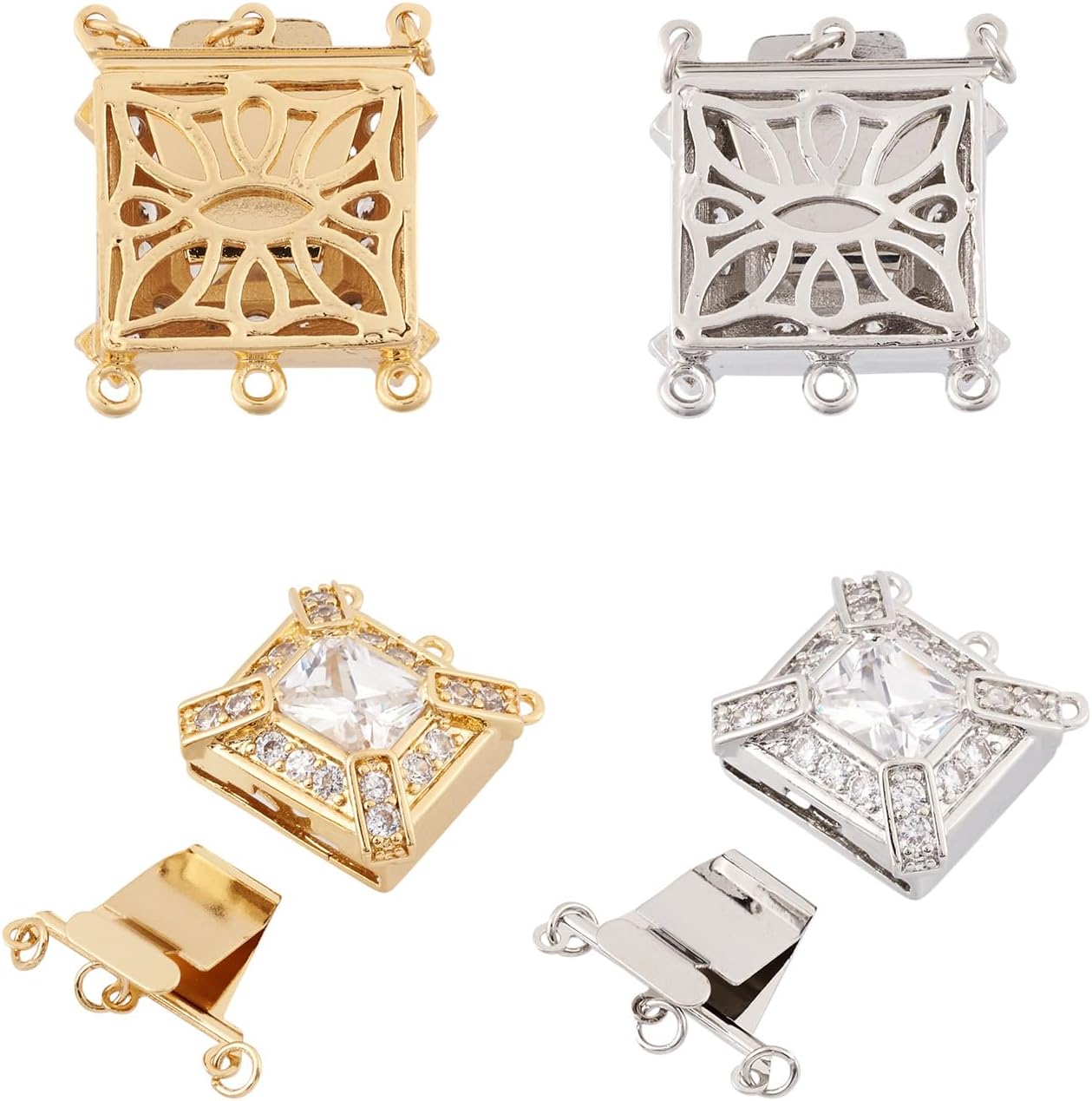 Elecrelive 4Pcs Necklace Layering Clasp Rectangle Cubic Zirconia Box Clasps Multi Strands Lock for Layered Bracelets Necklaces Jewelry Craft