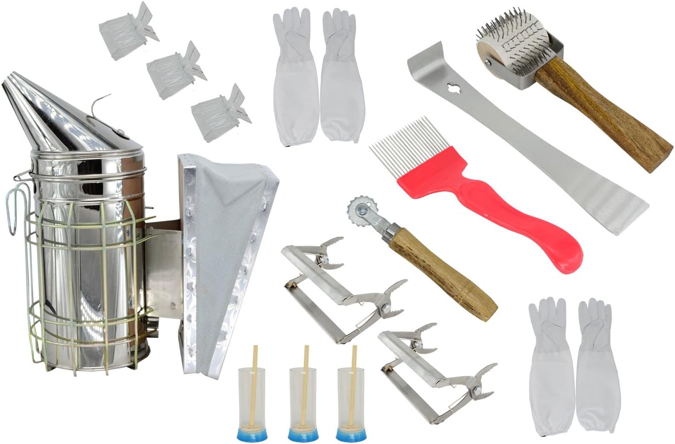 15-Piece Beekeeping Beekeeper Equipment Queen Tag Bottle/Uncapping Fork/Beekeeping Gloves/Bee Hive Smoker/Queen Catcher/Hive Tool/Spur Wire Wheel Embedder/Frame Grip/Queen Marking Cage With Plunger(2)