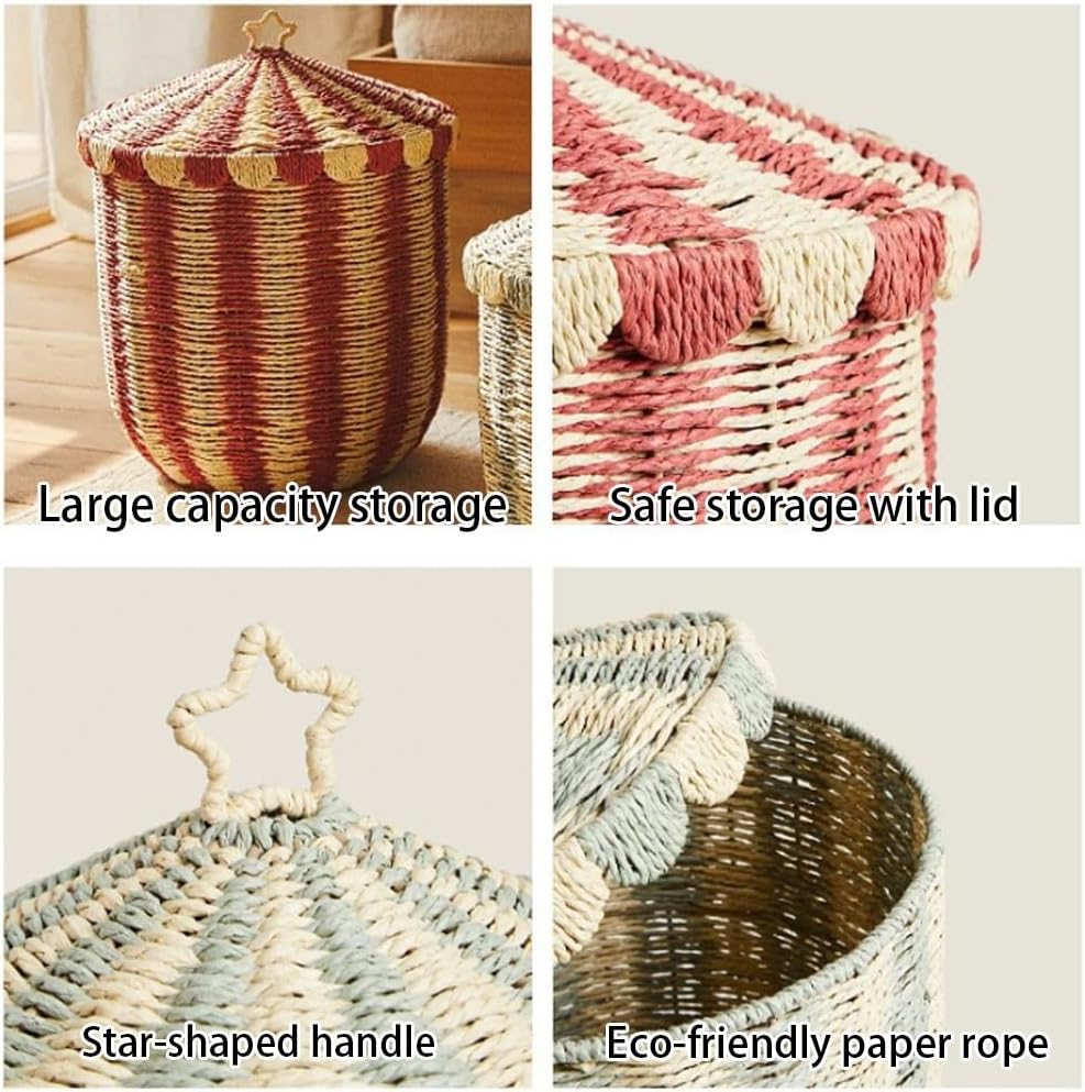 Creative Paper Rope Woven Laundry Basket, Round Storage Basket with Metal Frame, Dirty Clothes Hamper with Lid, Suitable for Laundry Room and Bedroom(Yellow,Large)