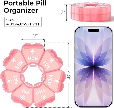 LANDNEOO Weekly Pill Organizer 2 Times a Day, Cute Double-Sided AM PM Pill Case 7 Day, Pink Travel Pill Box for Medication, Vitamins, Fish Oils, Supplements - Pink