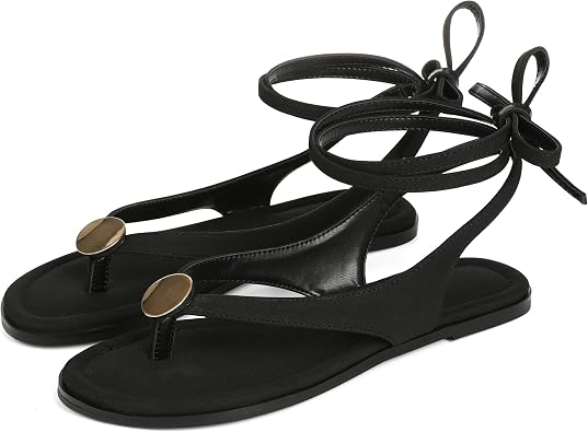 VARECOLA Womens Flat Sandals, Strappy Lace Up Gladiator Thong Sandals Dressy Summer Beach Comfortable Shoes