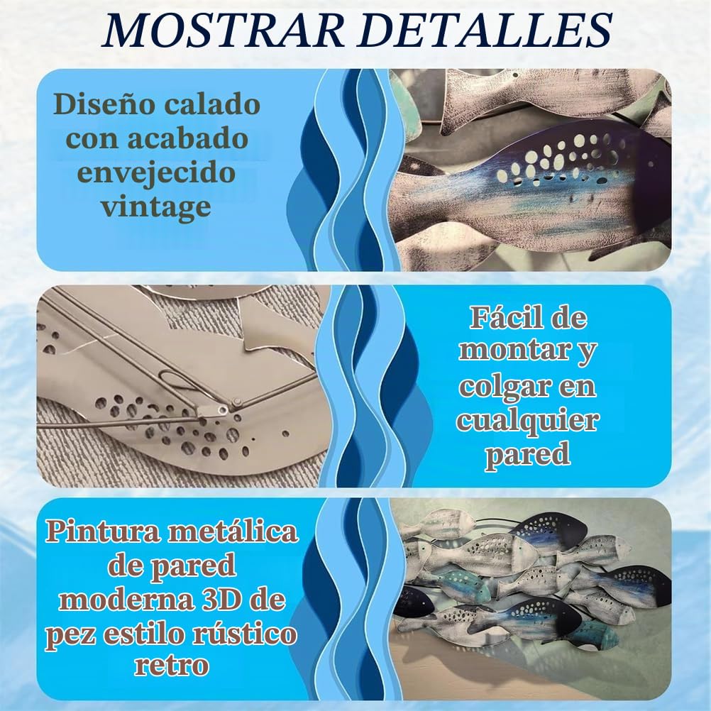 Decoración de Pared de pez de Metal con diseño costero oceánico, Escultura de pez 3D Grande de 127 x 50 cm, Arte Mural de Banco de Peces Pintado a Mano, decoración Colgante para Sala de Estar