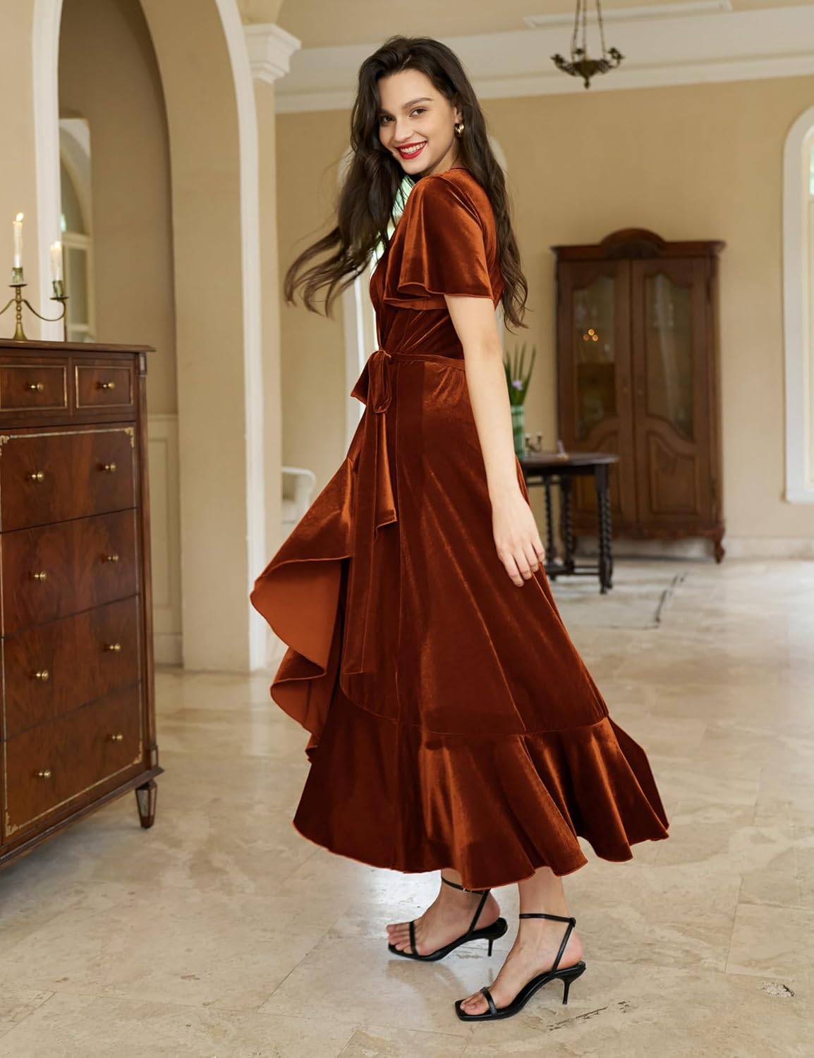 Women's Velvet Maxi Dress Boho V Neck Wrap Dress for Wedding Guest Fall Maternity Formal Dress with Pockets - Image 3