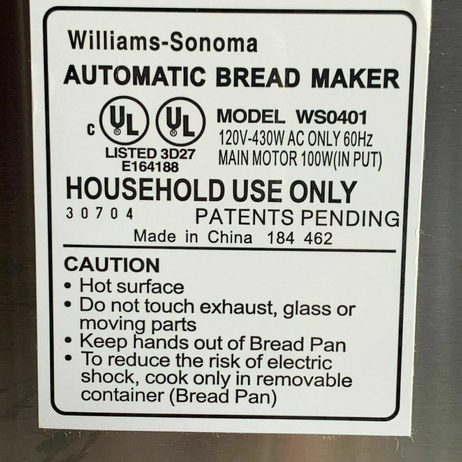 Williams-Sonoma Automatic Bread Maker Model WS0401 label