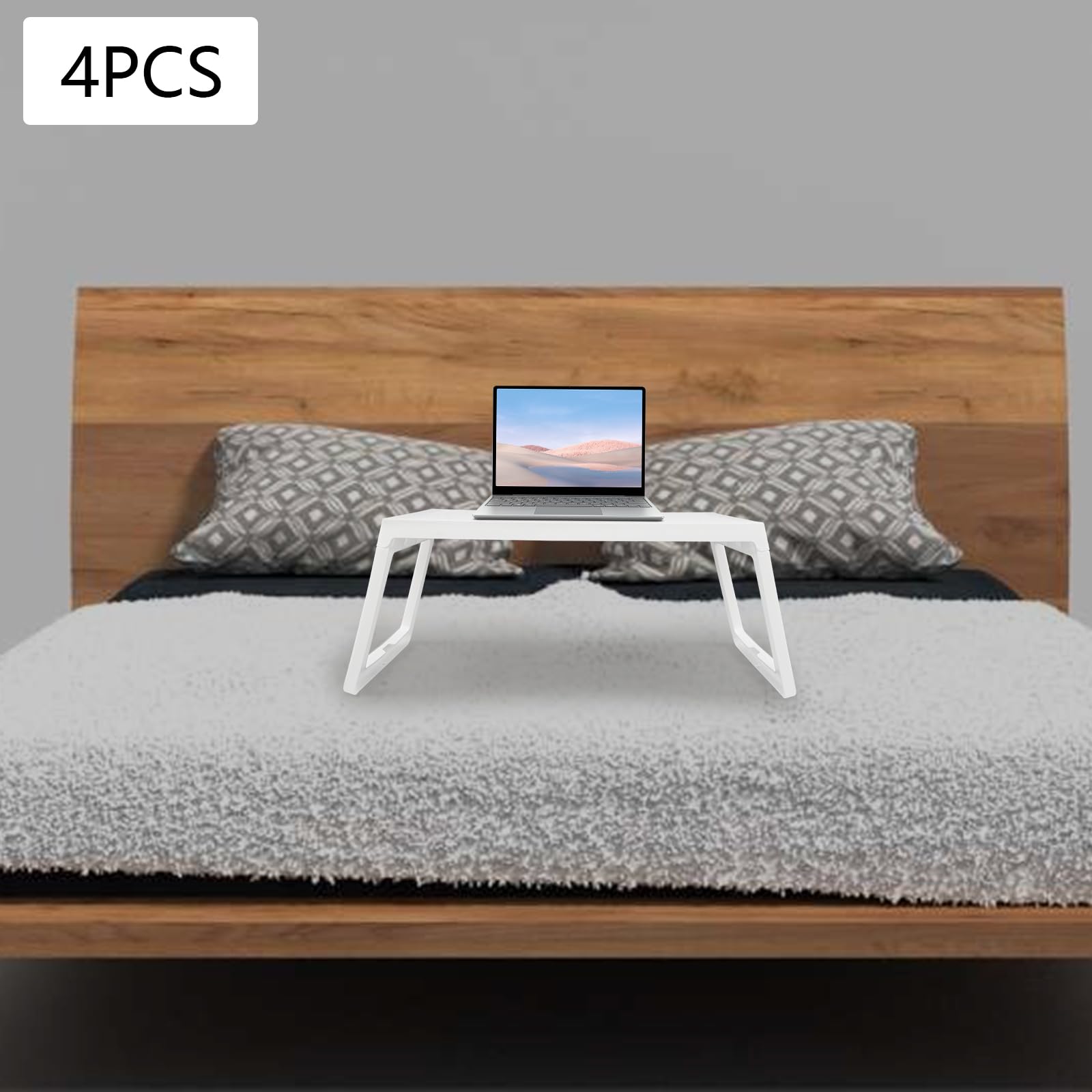 4 tabletas de cama con patas plegables, mesa de cama de plástico blanco, bandeja de desayuno para bandeja de cama, limpieza sin esfuerzo, bandeja de cama con ranura para teléfono móvil,