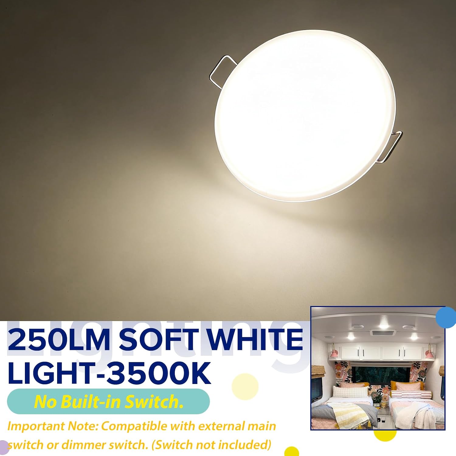 RV Lights Interior 3.5 Inch LED Recessed Ceiling Light 12v 3 1/2 Inch RV Puck Light with Spring Mount for RVs Trailer Camper Van Boat Aluminum 3.3W 250 Lumens 3500K Soft White Lighting Fixture, 6-Pack