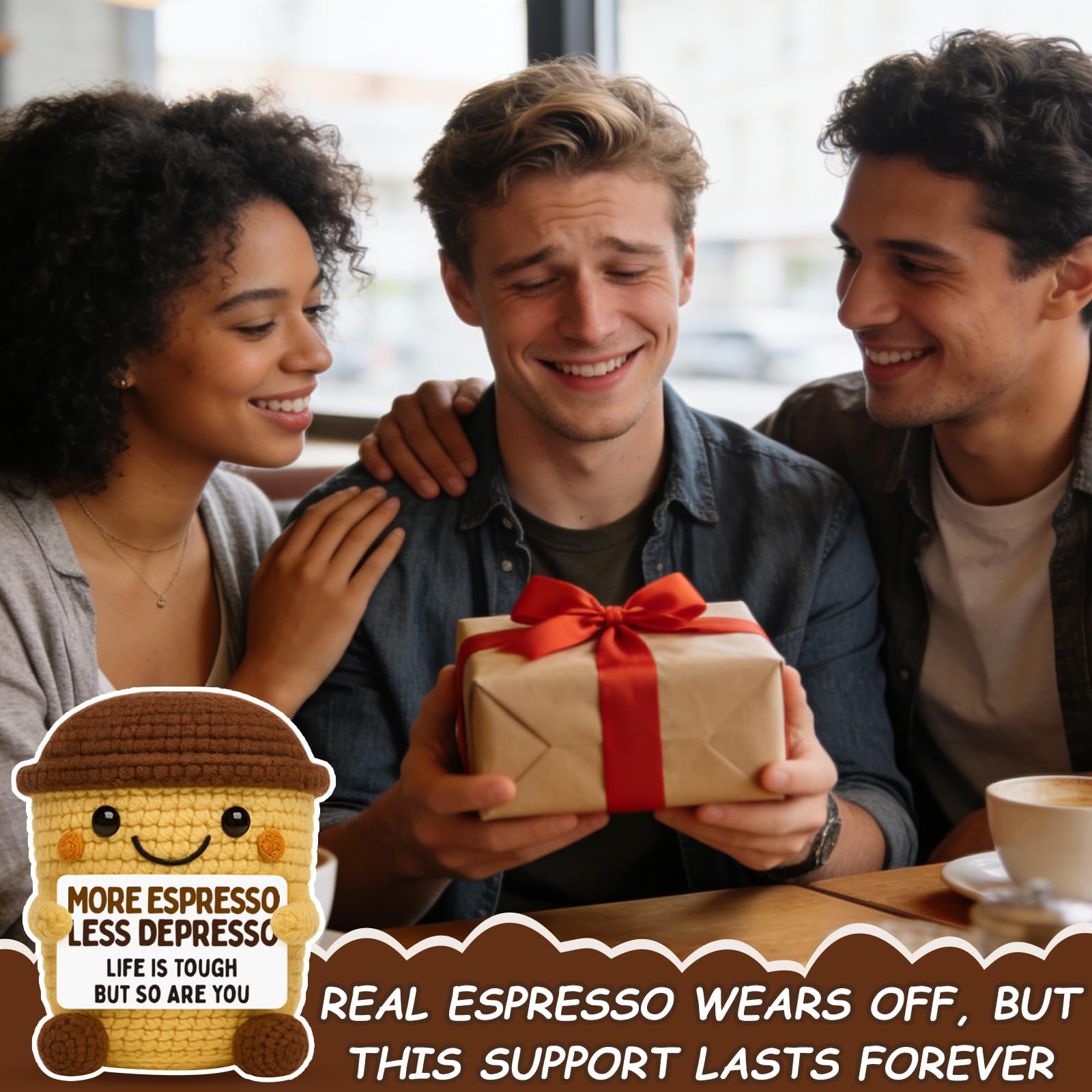 Funny Coffee Lover Gifts for Women Men - Encouragement Gifts for Coworker Friend - Handmade Crochet Coffee - Unique Inspirational Desk Decor & Thinking of You Gift