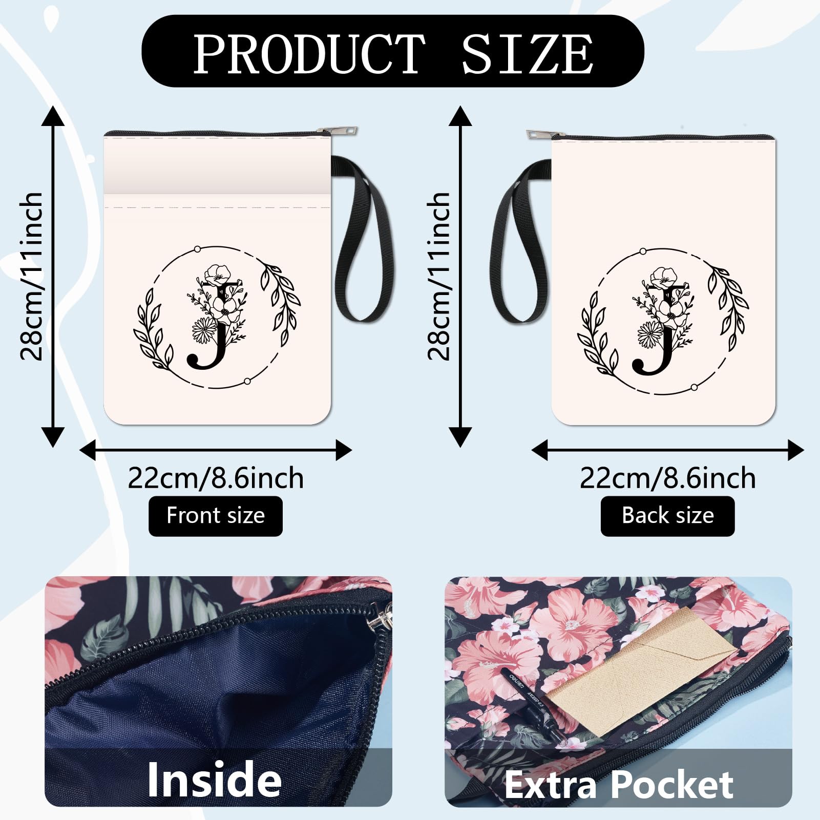 CRASPIRE Letter J Book Sleeve White Book Protector Flower Book Covers for Paperbacks Washable Fabric Cloth Book Cover with Zipper and Extra Sleeve Pocket for Book Lovers Classmate Gifts - Image 2