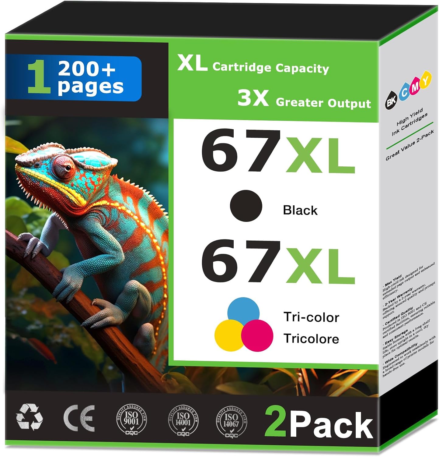 67XL Ink Cartridges Replacement for HP 67 Ink Combo Pack Compatible with HP Printer Deskjet 1255 2855e 2800e 2827e 2852e 4227e 4255e Envy 6455 6055e 6075 6432e 6458e 6475e 2-Pack Black and Tri-Color