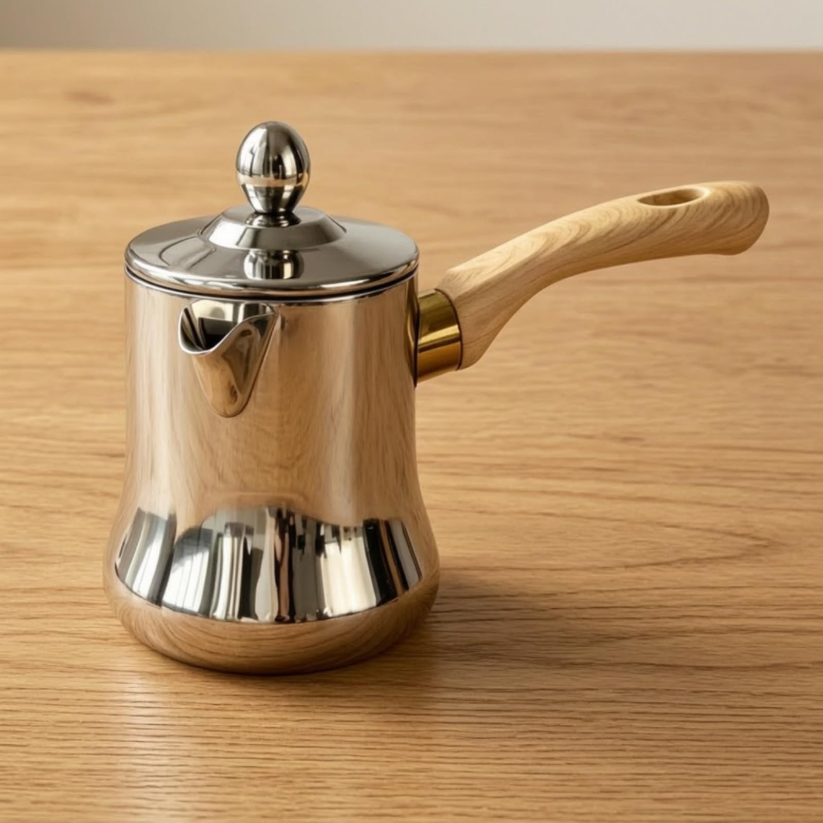 3 Stück Latte-Art-Kanne mit Holzmaserungsgriff glänzend poliert Kaffee-Milchbehälter mit Deckel lebensmittelecht Ausgießer Spout