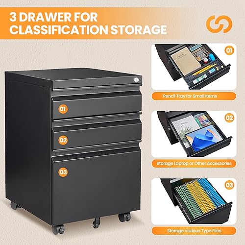 Vista 127 de Archivador de 3 cajones, archivador móvil totalmente ensamblado con cerradura para oficina en casa, caninete de metal con ruedas, cabina de tres