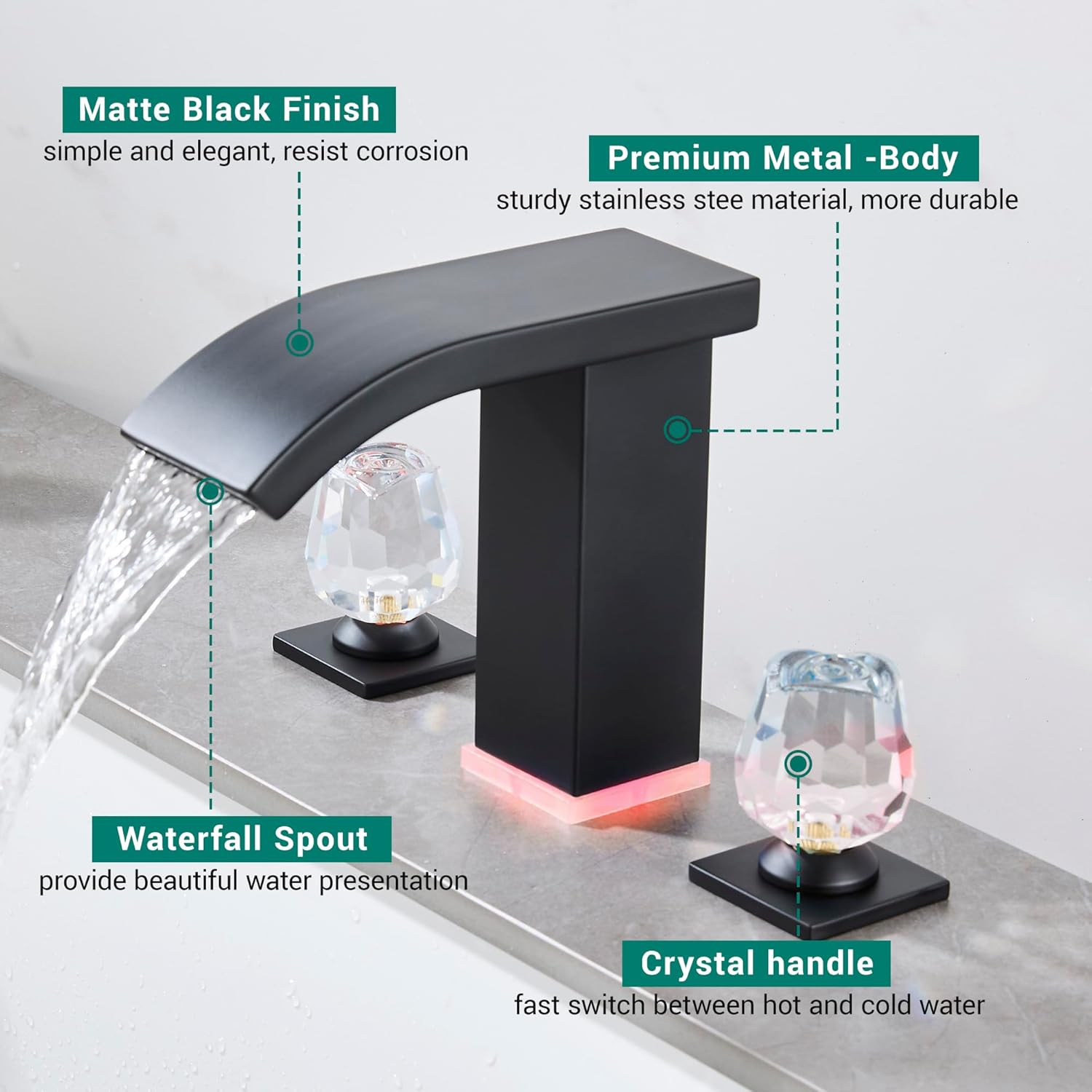 Bathroom faucets 3 Hole Widespread Modern Bathroom Sink Faucet 8 inch Matte Black Bathroom 3 Hole LED Light Waterfall Vanity Faucet Sink with Pop Up Drain (Matte Black)