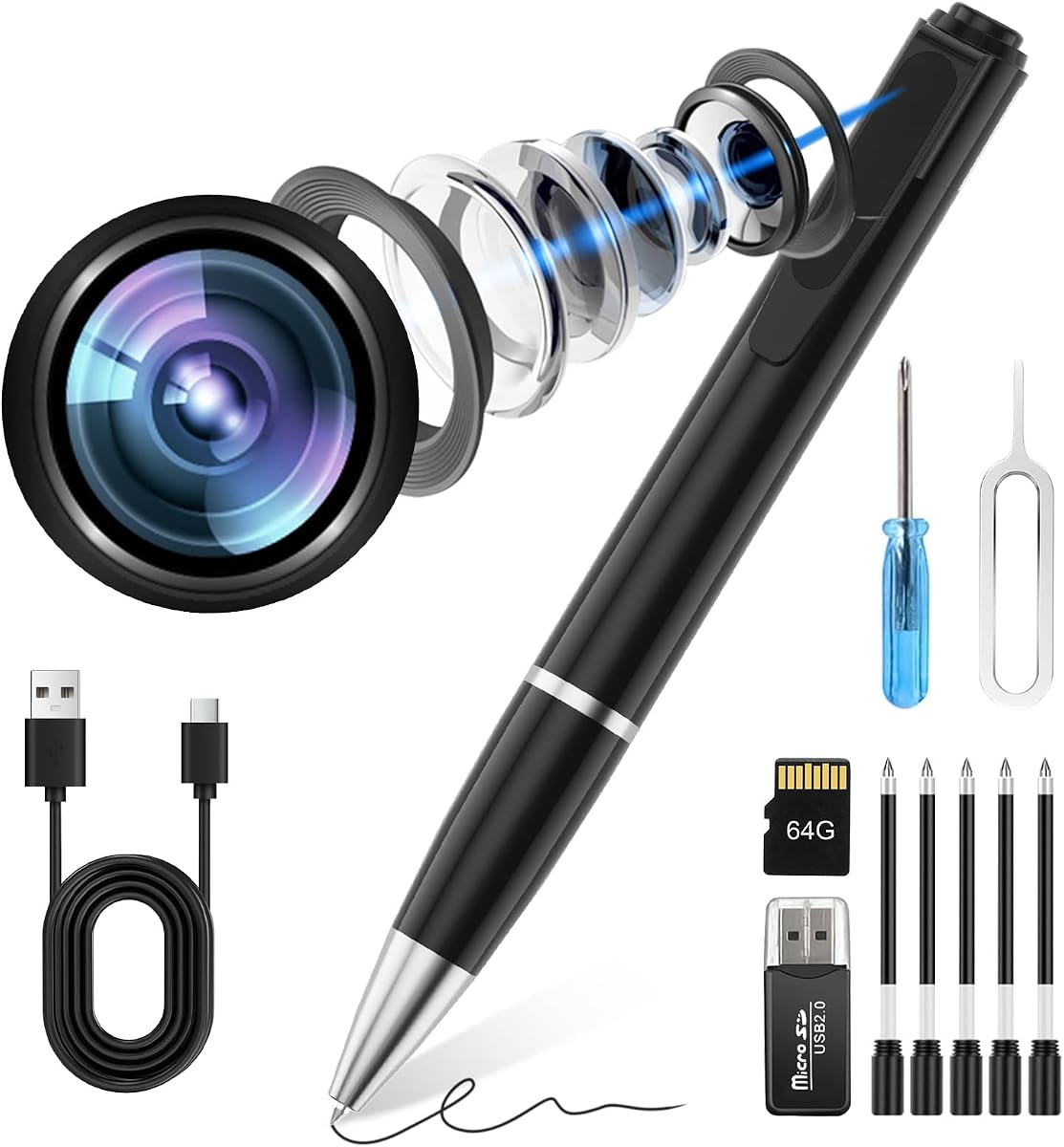 Mini cámara espía 1080P con 64 GB | Cámara espía Cámaras domésticas con un solo botón Cámara interior y para mascotas para oficina, reuniones de negocios y seguridad