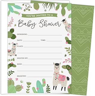 Koko Paper Co. Llama Baby Shower Invitations. Set of 25 Gender-Neutral Fill-in Invites and White Envelopes Featuring Colorful Cactus and Floral Accents. - coolthings.us