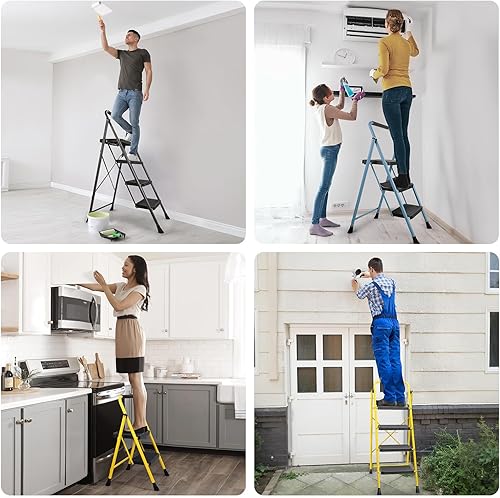 Vista 13 de TICONN Escalera de 3 escalones, taburete plegable resistente, taburete plegable de acero portátil para almacenamiento de garaje doméstico (negro)