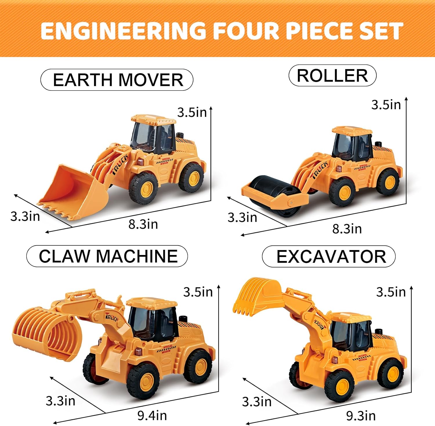 Veslier 4 Pack Construction Toys for 3 4 5 6 + Years Old Boys Kids Toddlers, Friction Powered Truck Toys for Toddlers 3 4 5 6 Years,Push and Go Car Toy,Kids Birthday Gifts for 3-6 Years Old Boys