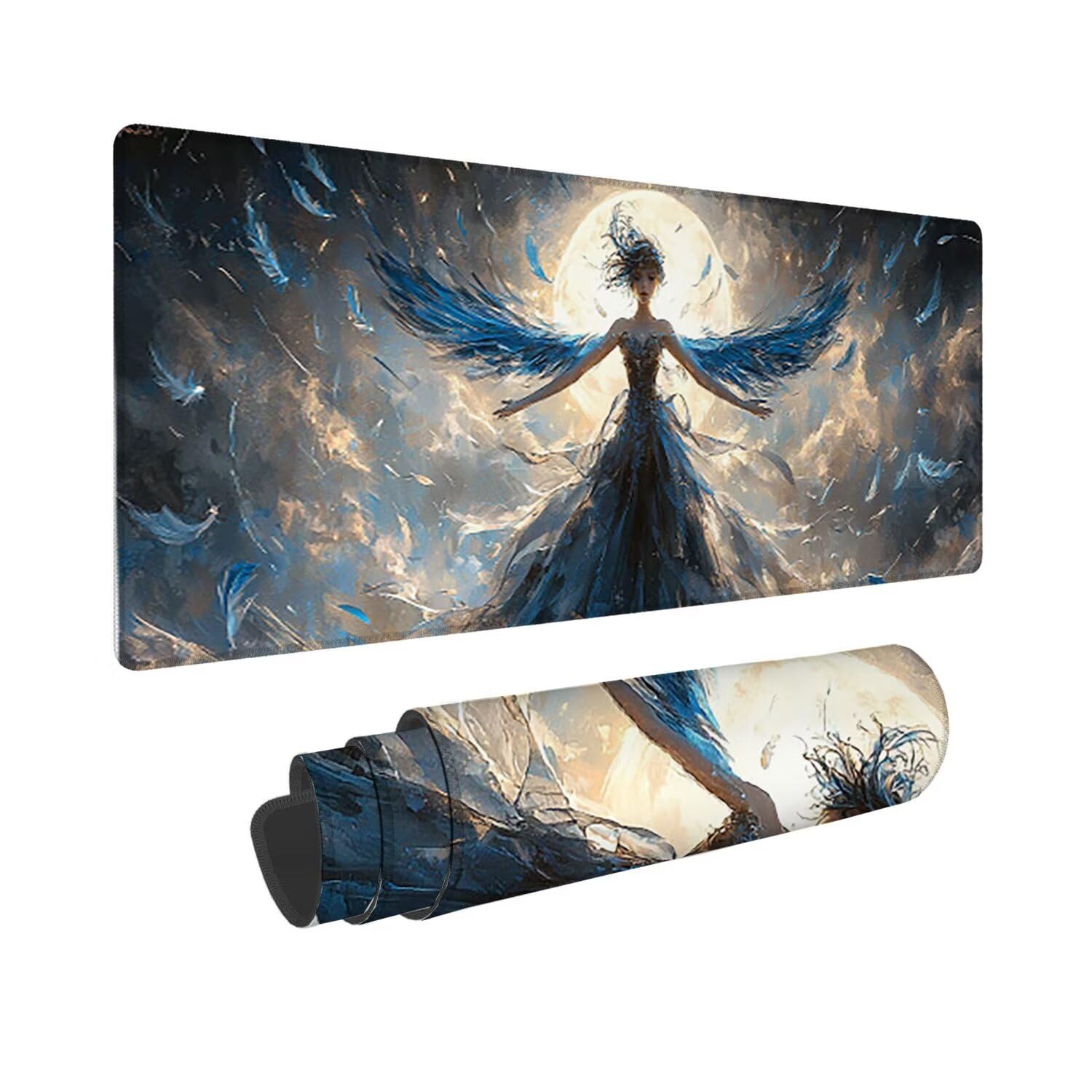 Podkładka pod mysz dla graczy, XXL, 1400 x 600 mm, wodoodporna i antypoślizgowa, duża podkładka na stół do biura i domu, poprawia precyzję i prędkość, akcesoria gamingowe (księżyc anioł) V-921