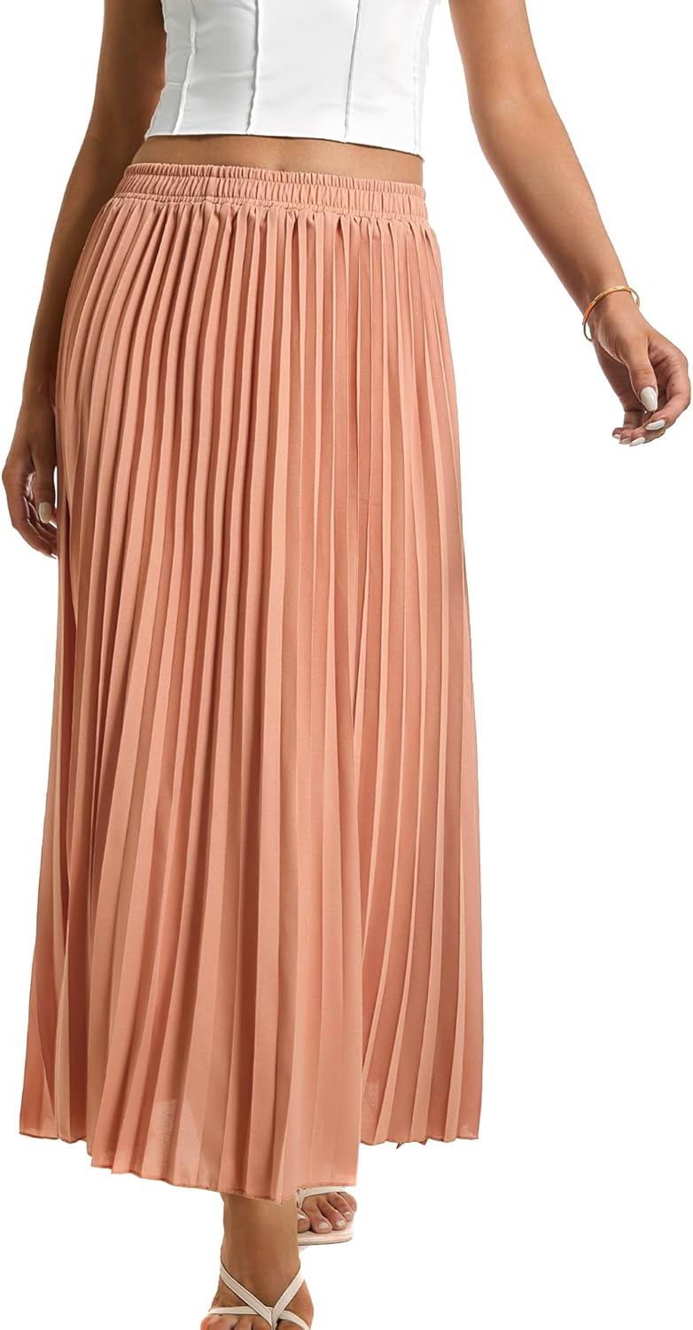 Womens Elastic High Waist Long Pleated Skirt Tiered Boho Swing A line Beach Maxi Skirt - Image 8