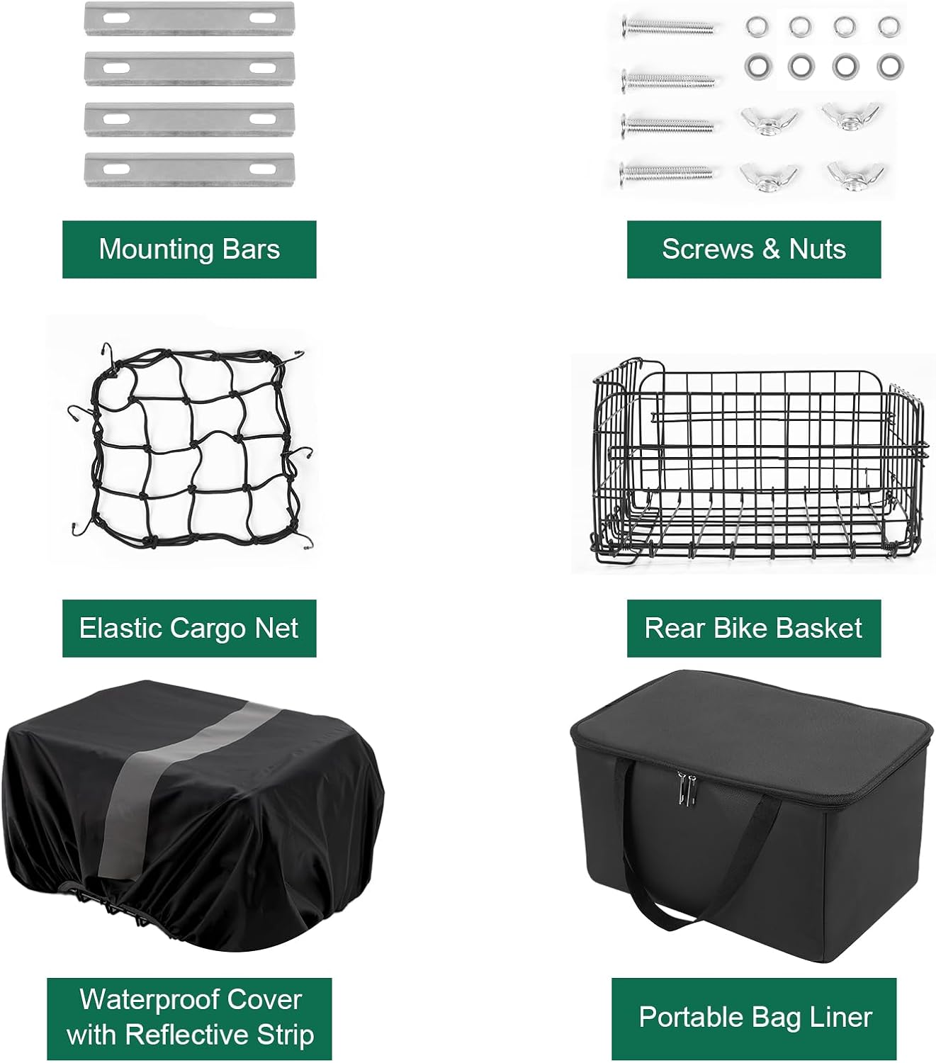 Bike Basket Rear, Folding Bike Basket with Removable Liner Bag, Metal Basket Quick Release Design, Bike Basket for Adult Women/Men Carrying Dogs, Pets, Fruit & Grocery