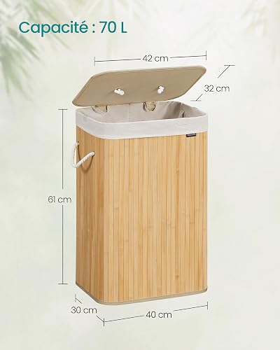 SONGMICS Laundry Basket with Lid 72L Bamboo Foldable Laundry Basket with Removable Washable Bag Handles for Laundry Room Bedroom LCB10Y - 5