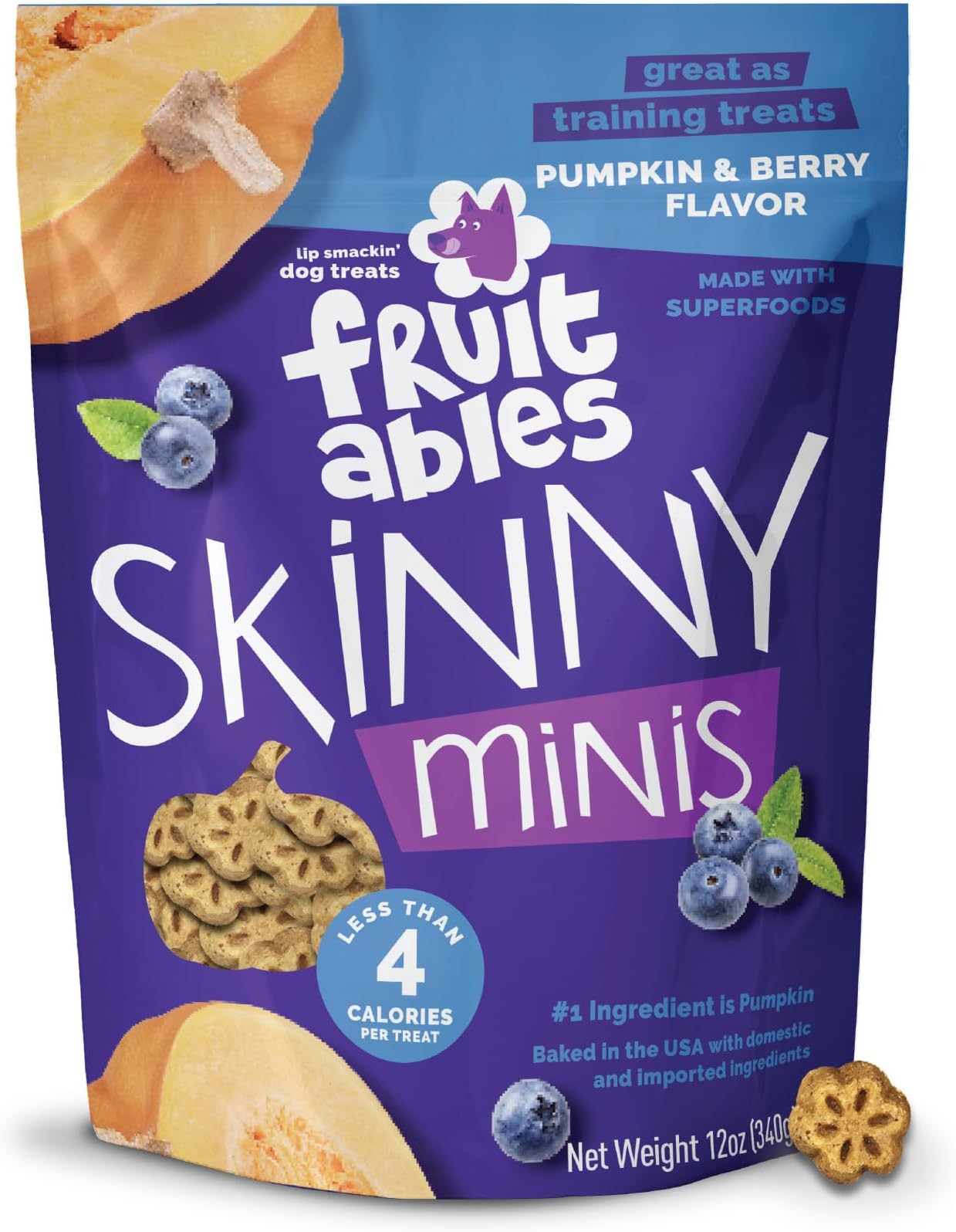 Fruitables Skinny Mini Dog Treats, Healthy Pumpkin Treat for Dogs, Low Calorie & Delicious, Puppy Training, No Wheat, Corn or Soy, Made in the USA, Pumpkin and Berry Flavor, 12oz