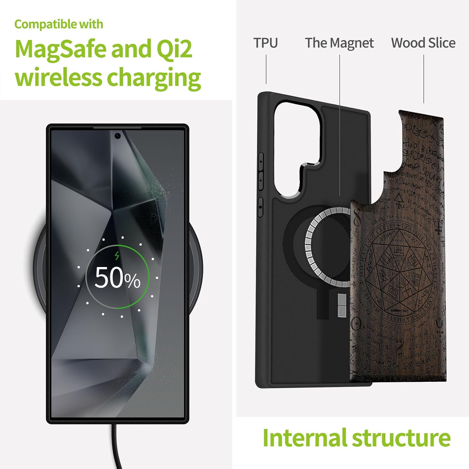 Carveit Magnetic Wooden Case for Samsung Galaxy S25 Ultra Case 2025, TPU Shockproof Cover & Wood Artisan Engraved, Compatible with MagSafe Wireless Chargers (Rchangel Solomon's Seals) Blackwood