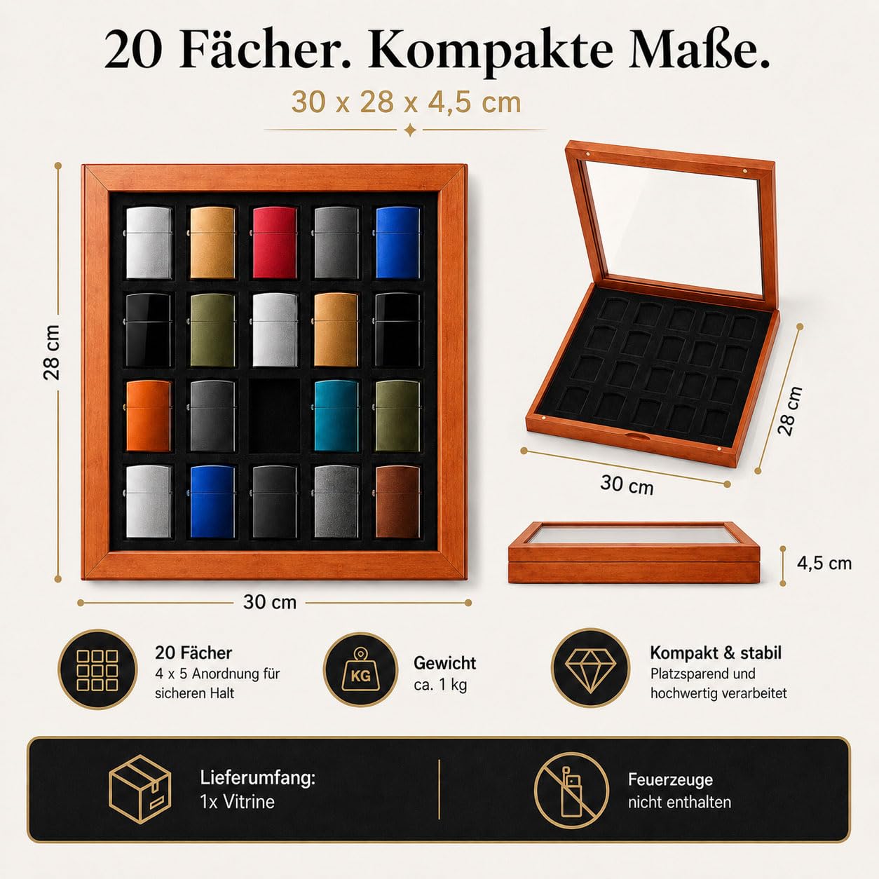 Vetrina per accendini (ad esempio Zippo) in legno, da collezione, vetrina in vetro, espositore per appendere 20 accendini da collezione (nero)