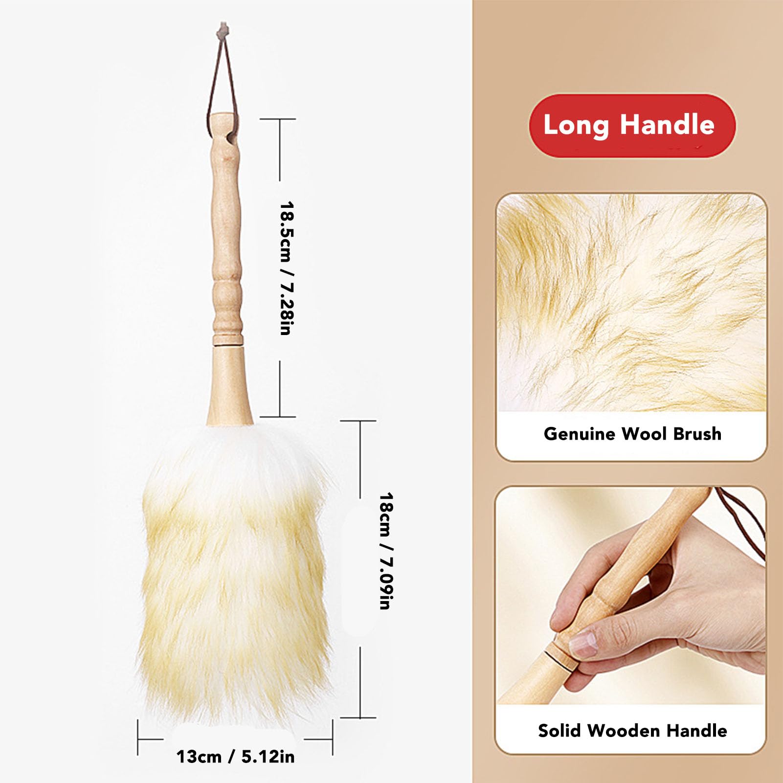 Cleaning Brush Duster, Multifunctional Solid Handle Lambswool Duster with Leather Strap for Piano Ceiling Fans Window Blinds Computer Furniture (Long Handle)