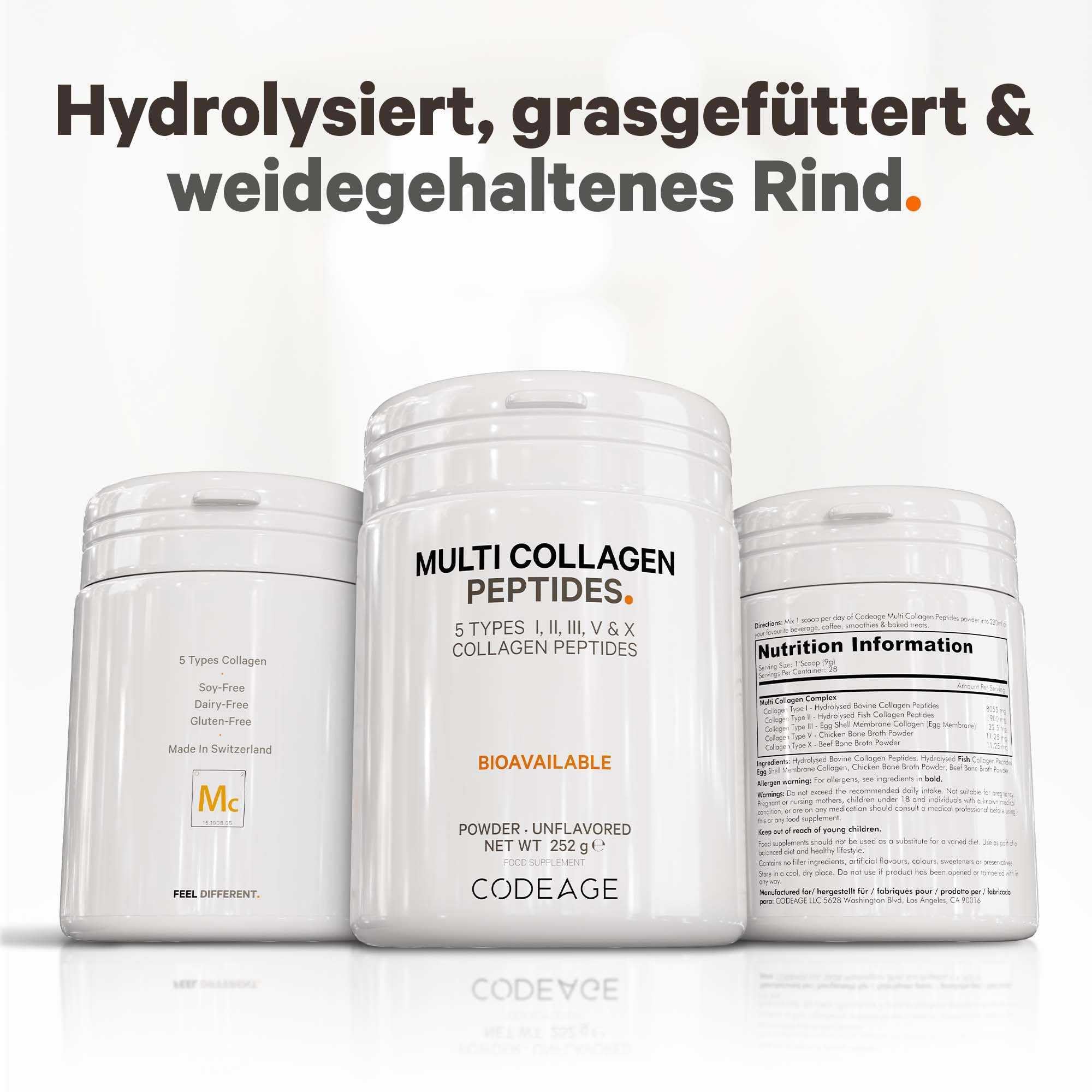 Codeage Multi Kollagen Proteinpulver Peptide, 1-Monatsvorrat, hydrolysiert, Typ I, II, III, V, X, aus Weidehaltung, All-in-One Super Knochenbrühe Kollagen Ergänzung, gentechnikfrei, 252 Gramm