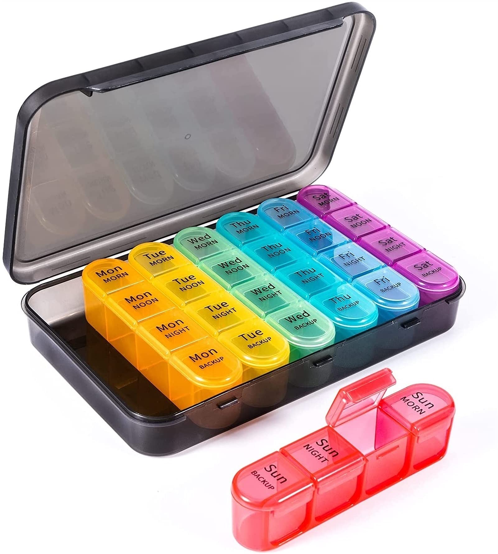 Caja de pastillas RJJ estilo arcoíris con acabados resistentes para la gestión de píldoras