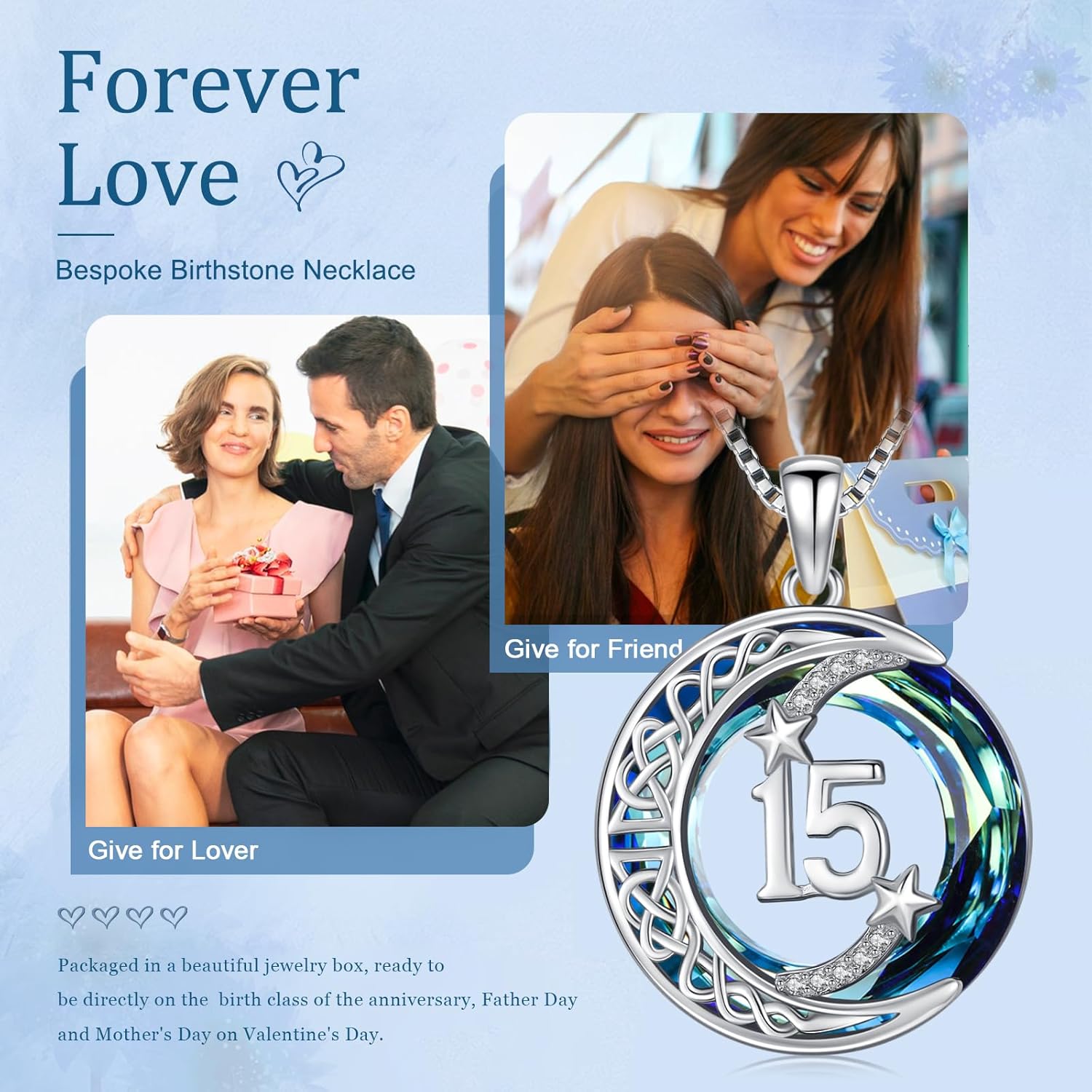 JUSTKIDSTOY Birthday Gifts for Women Girls 925 Sterling Silver Celtic Moon Star Necklace with Blue Crystal Pendant Jewelry for Sister Friends - Image 7