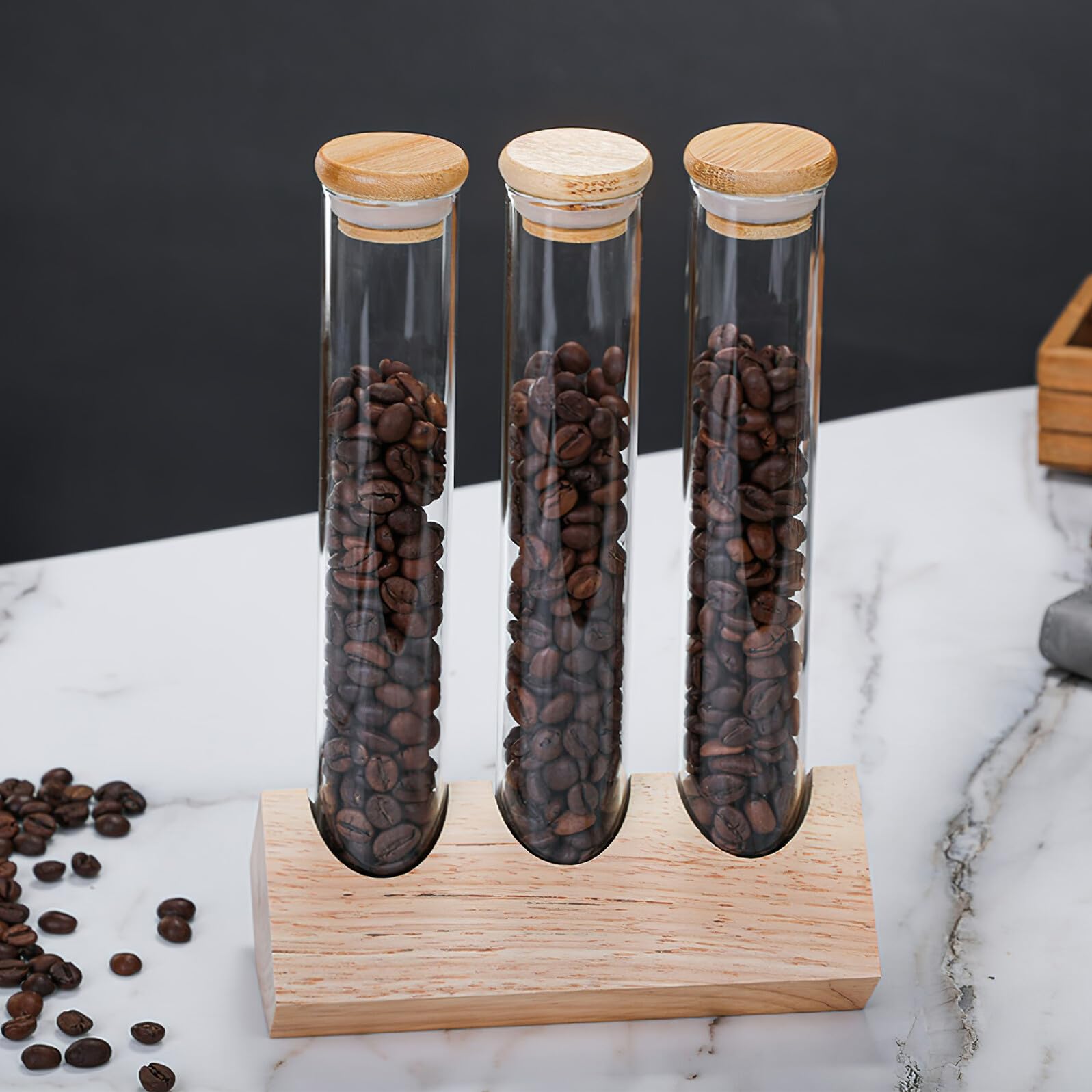 Reagenzglas-Aufbewahrung mit Holzregal, luftdicht, multifunktionale Gläser für Kaffeebohnen, Tee, Gewürze, Küche und Café, Verwendung von dicken Glasbehältern zum Einkochen von Zutaten
