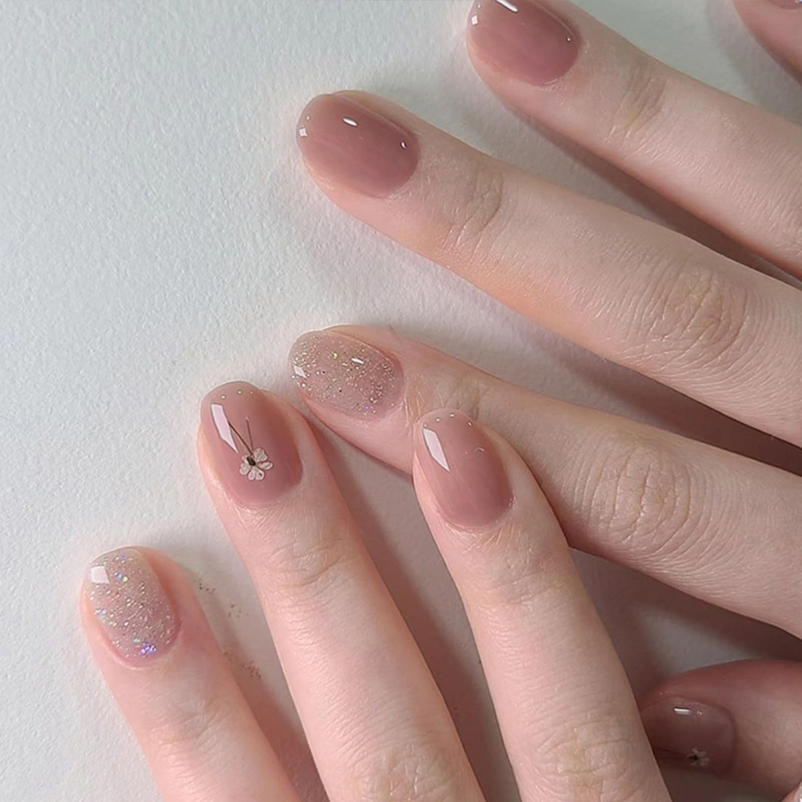 24 Stück Künstliche Nägel Kurze Eckig, Elegante Blumen Kunstnägel Fingernägel zum Aufkleben, Rosa Ballerina Glänzend Acryl Falsche Nägel, Französische Press on Nails für Frauen und Mädchen