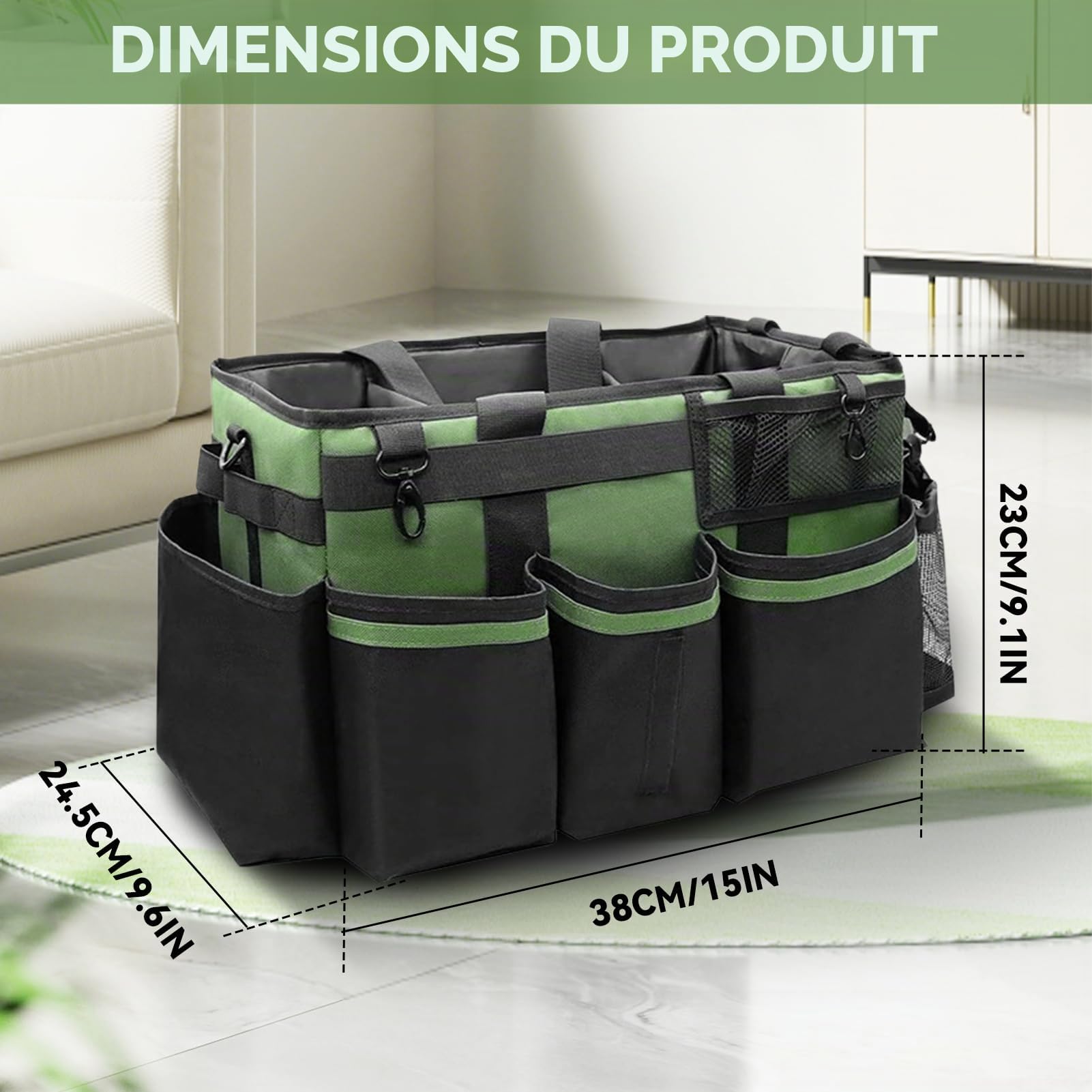 Sac de nettoyage portable en tissu Oxford déperlant avec bandoulière réglable et plaque de fond renforcée – Organiseur de fournitures à séparateurs amovibles pour femme de ménage et nettoyeurs