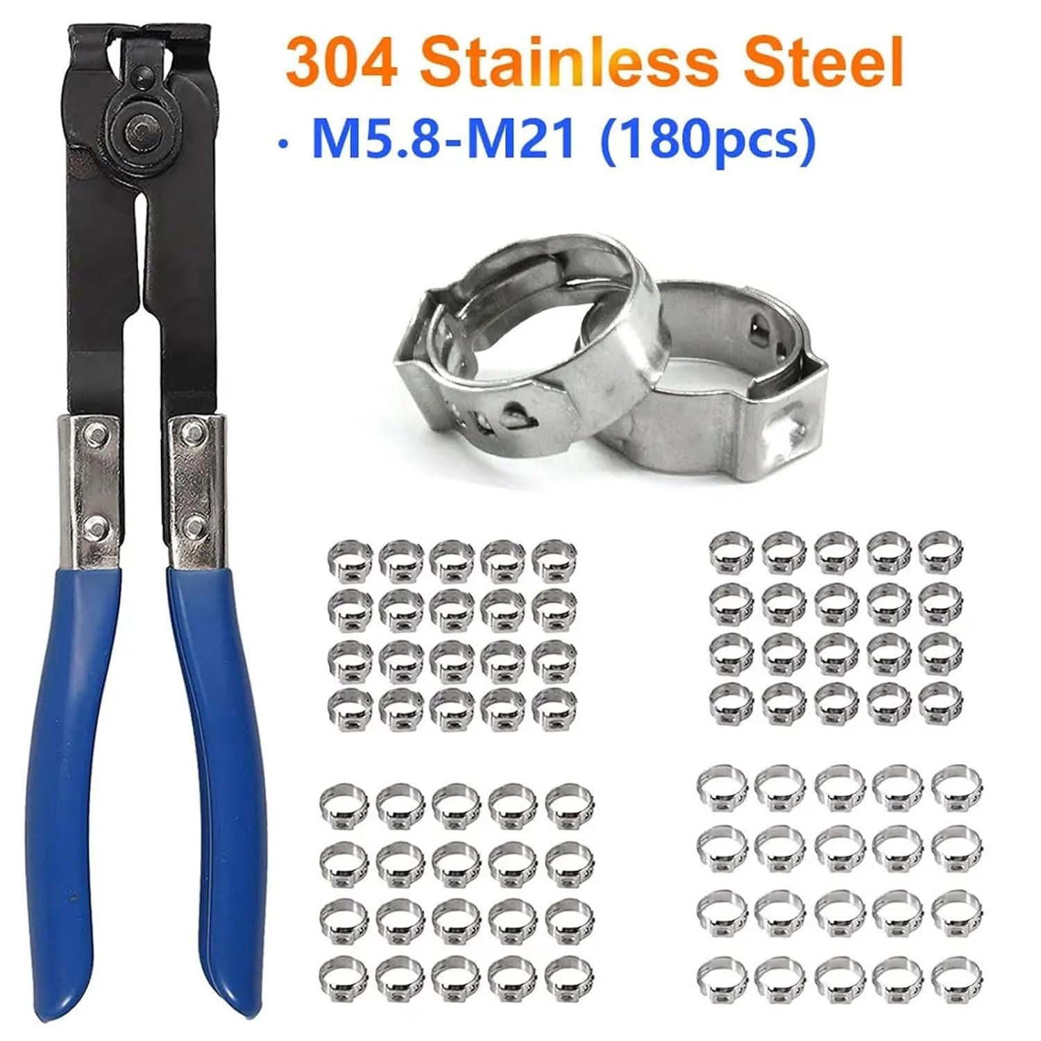180PCS Single Ear Hose Clamps 304 Stainless Steel 5.8-21.5mm Crimp with Clamp Plier Pincer Crimper Fitting Tool Kit(180pcs and plier)
