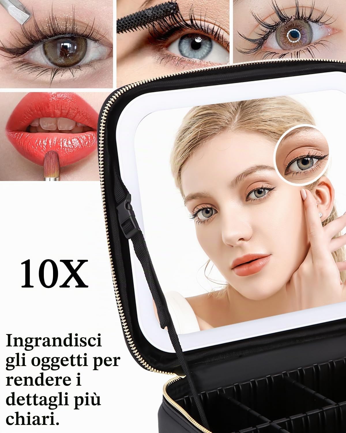 Borsa Cosmetici Con Specchio Led,Valigetta Trucco Portatile con Divisori Regolabili,Porta Trucchi Con Specchio Con 3 Modalità Illuminazione,Cosmetico Impermeabile Strumenti Trucco Accessori per Donna
