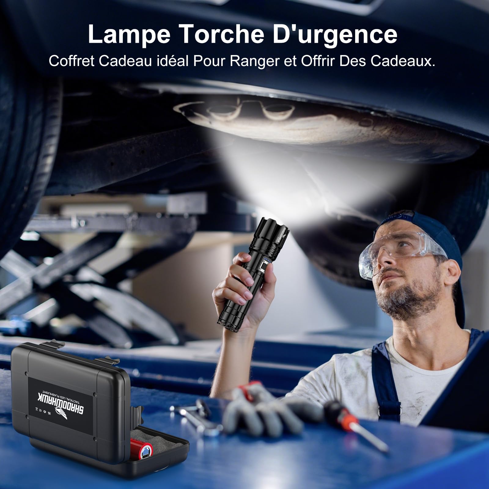 Shadowhawk Lampe Torche LED Ultra Puissante, 1,000,000 Lumens Lampe de Poche Rechargeable, Lampe Tactique XHP70.2, IP67 Étanche 5 Modes D'éclairage pour Camping Randonnée Urgence