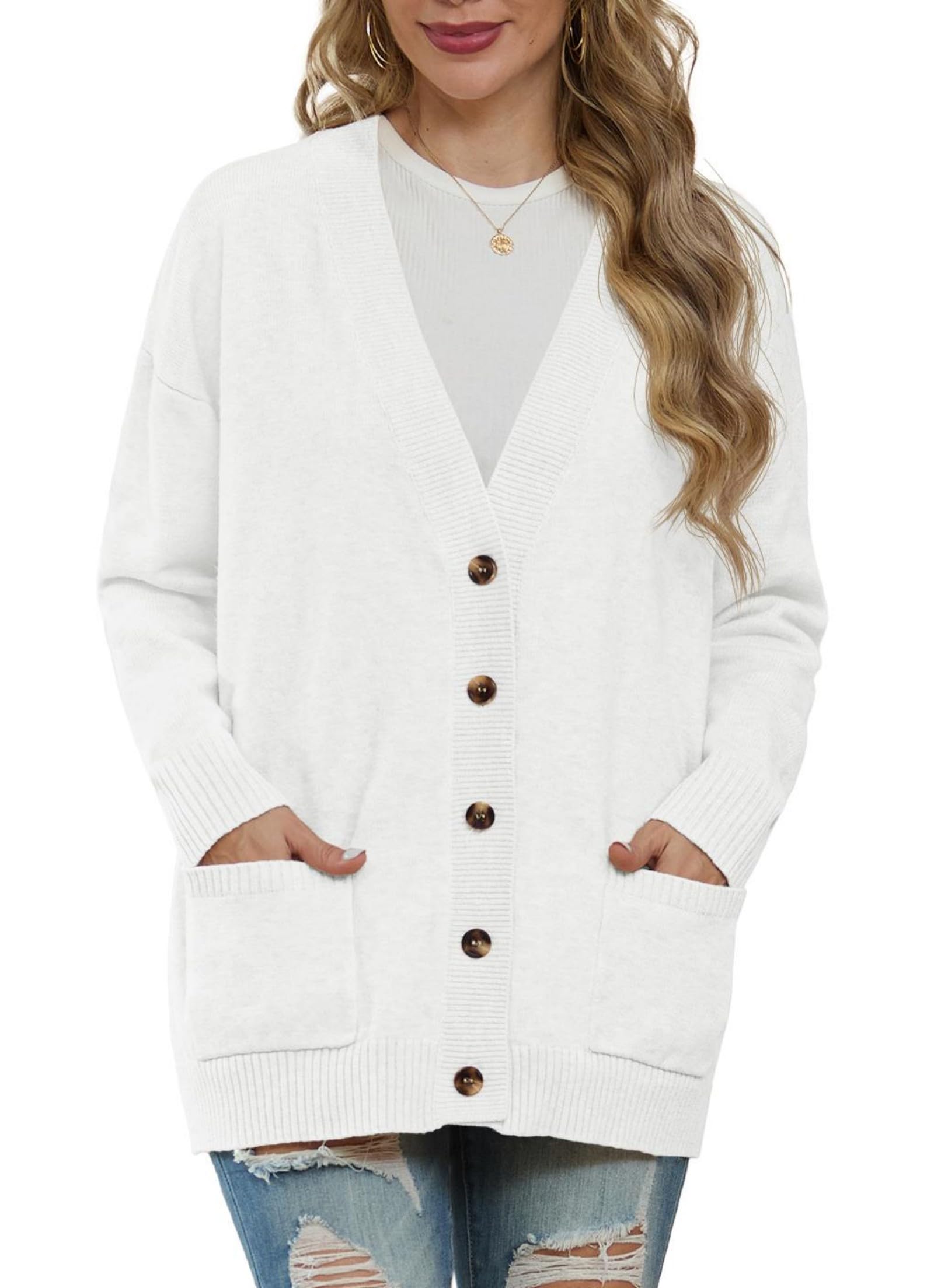 GRECERELLE Cardigan da donna lavorato a maglia, maglione invernale a maniche lunghe, con bottoni, scollo a V, capispalla oversize con tasca