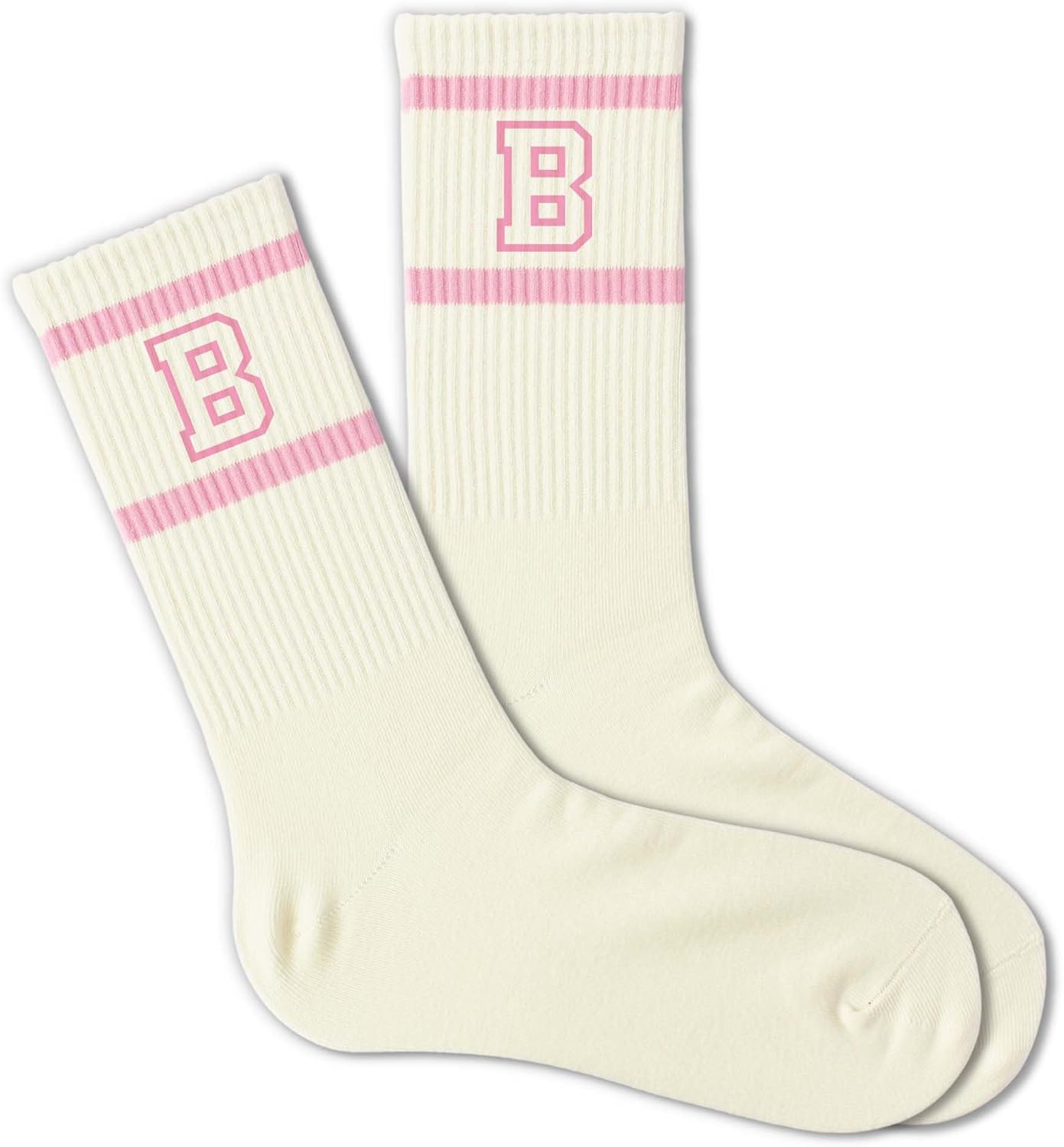 Pink and White Striped Crew Socks with the Letter, Classic Varsity Sports Style Monogram Socks - Image 3