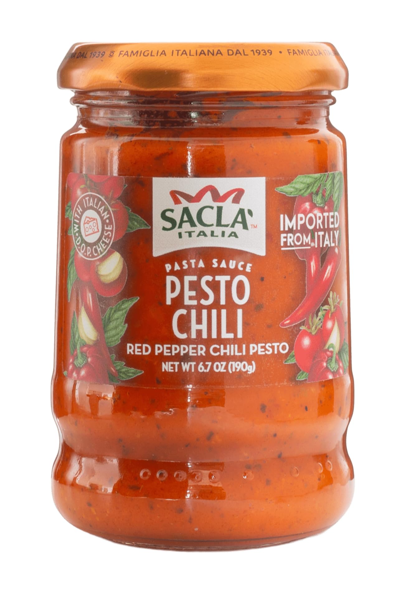 SACLA Chili Pesto | Hot & Spicy Italian Pesto Sauce with Red Chili Peppers & Tomatoes | 6.7 oz Jar – Non-GMO, Vegetarian | Imported from Italy