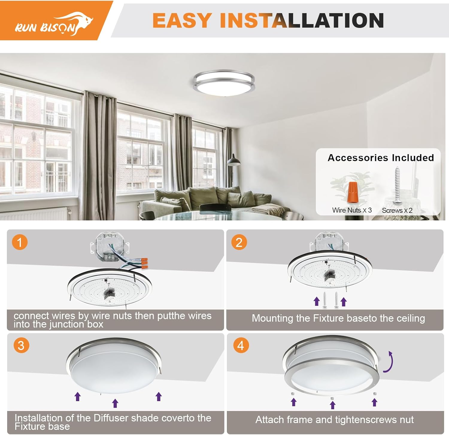 16IN Double Ring Flush Mount Ceiling Lights, 24W, 1900LM,with 5CCT 2700K-5000K Adjustable, Dimmable LED Ceiling Light Fixtures for Hallway, Bedroom, Kitchen, ETL Listed - 1PK