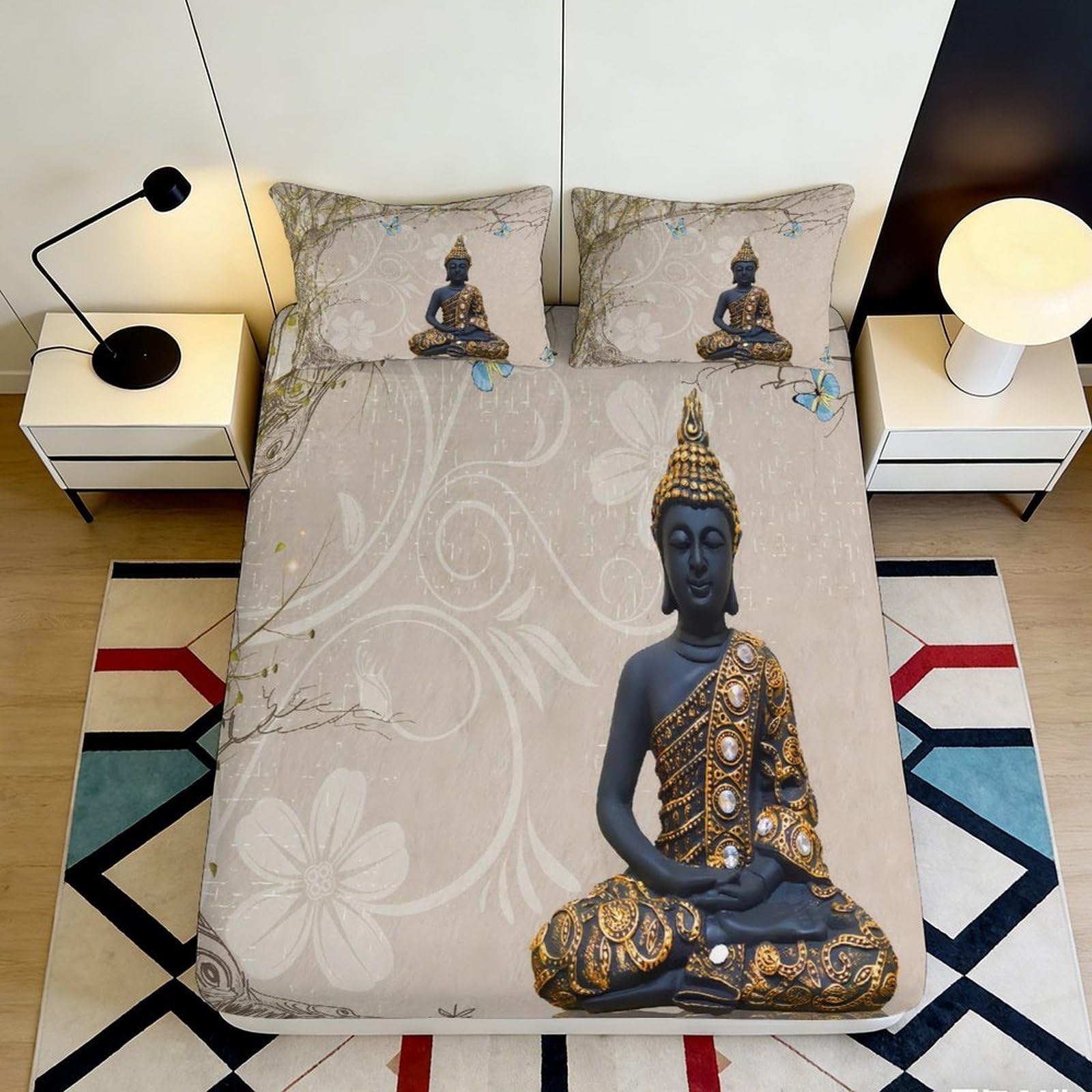 3D Printed Buddha Meditation Fitted Sheet Microfiber Non-slip Bed Cover Zen Art for Bedroom Dorm Mattress Protection 120x200x25cm