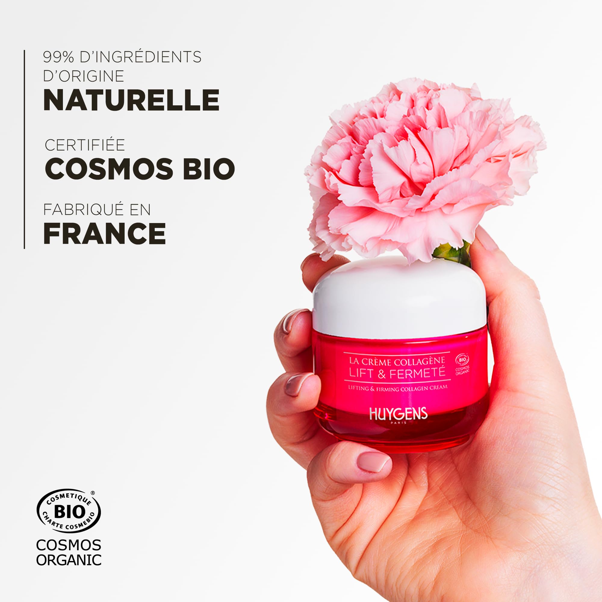 Huygens - Crème Collagène Lifting et Raffermissante Visage et Cou à l’Acide Hyaluronique et à l’Aloe Vera – Soin Hydratant Anti-Rides – 99% Naturelle – Vegan – Fabriquée en France, 50 mL