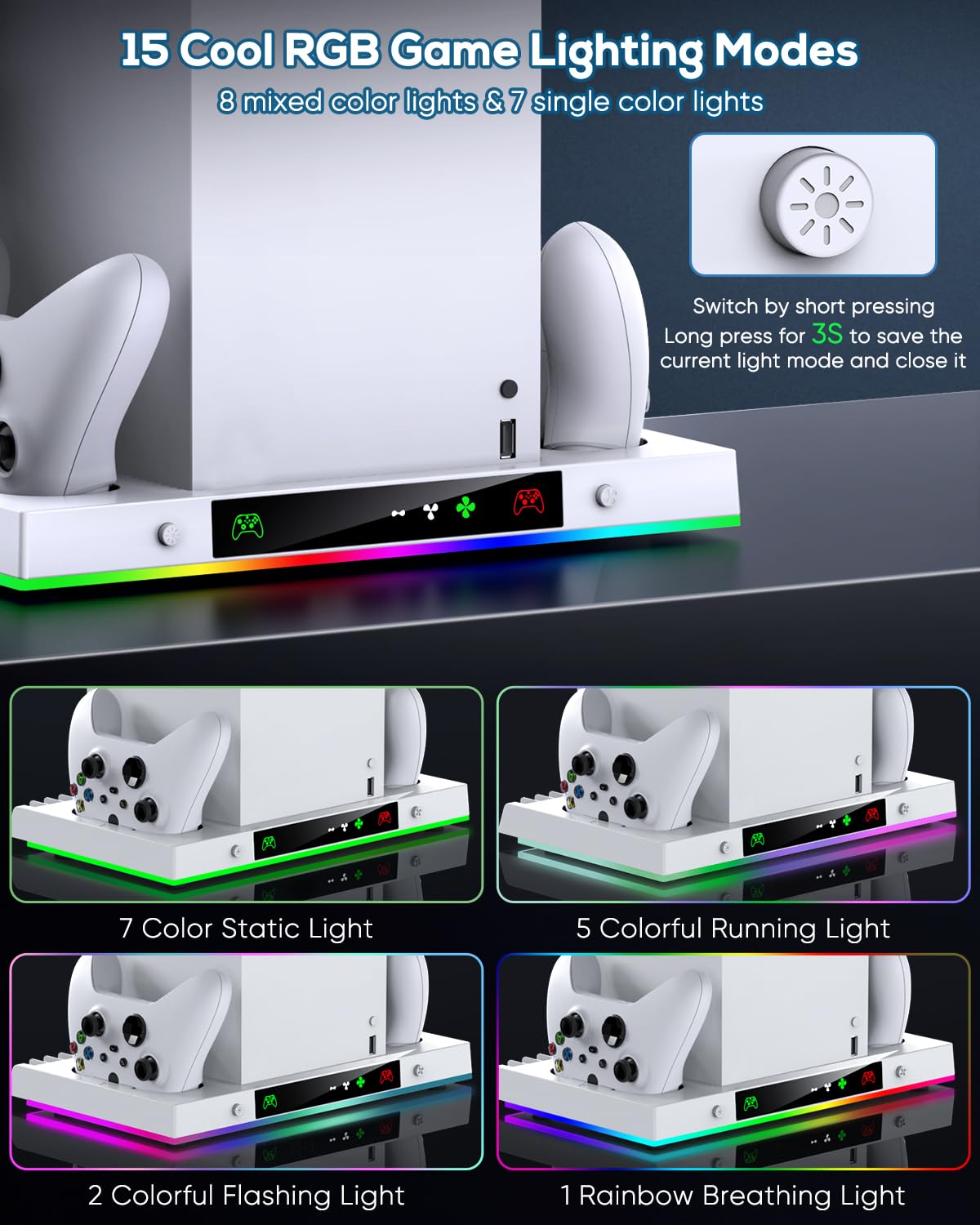 Ventilador de refrigeración mejorado y soporte de carga dual para consola Xbox Series X y controlador, sistema de estación de carga para serie X con 15 luces RGB, 2 baterías recargables de 1400 mAh,
