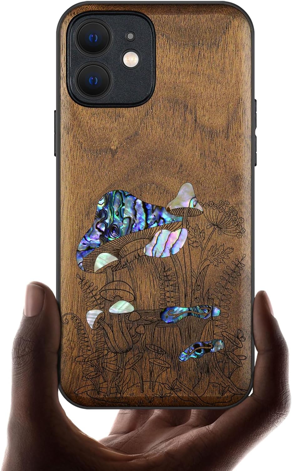 Carveit Designer Wooden Protective Case for iPhone 12 Mini Magnetic Cover [Wood Engraving & Shell Inlay] Compatible with 12 Mini MagSafe (Fern Leaves & Herbs-Blackwood)